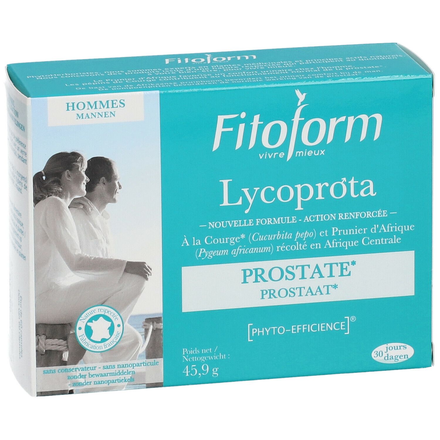 Boîte bleue et blanche Fitoform Lycoprota. Texte : PROSTATE, 45,9 g. Illustration d'un homme et d'une femme. 30 jours.