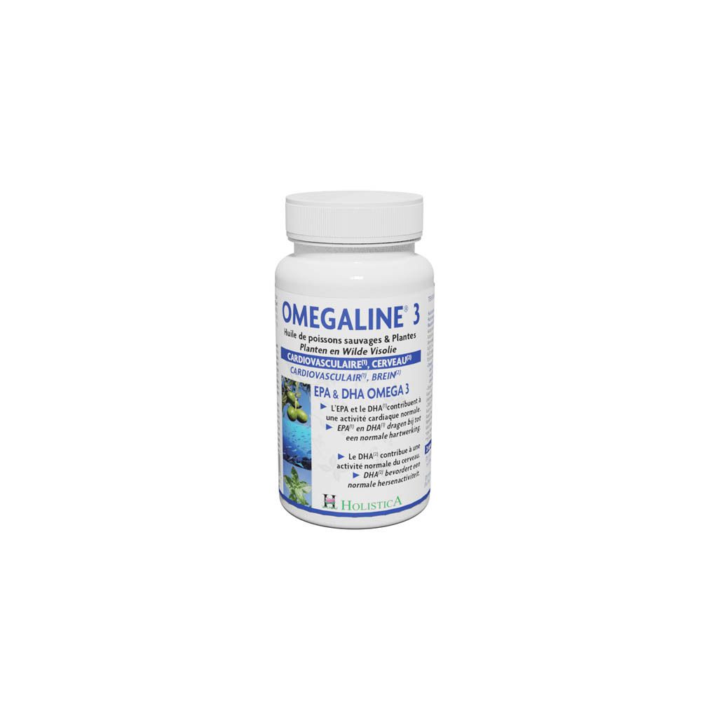 Flacon blanc de gélules Omegaline 3. Inscription: EPA & DHA Omega 3. Marque: Holistica. Étiquette avec informations.