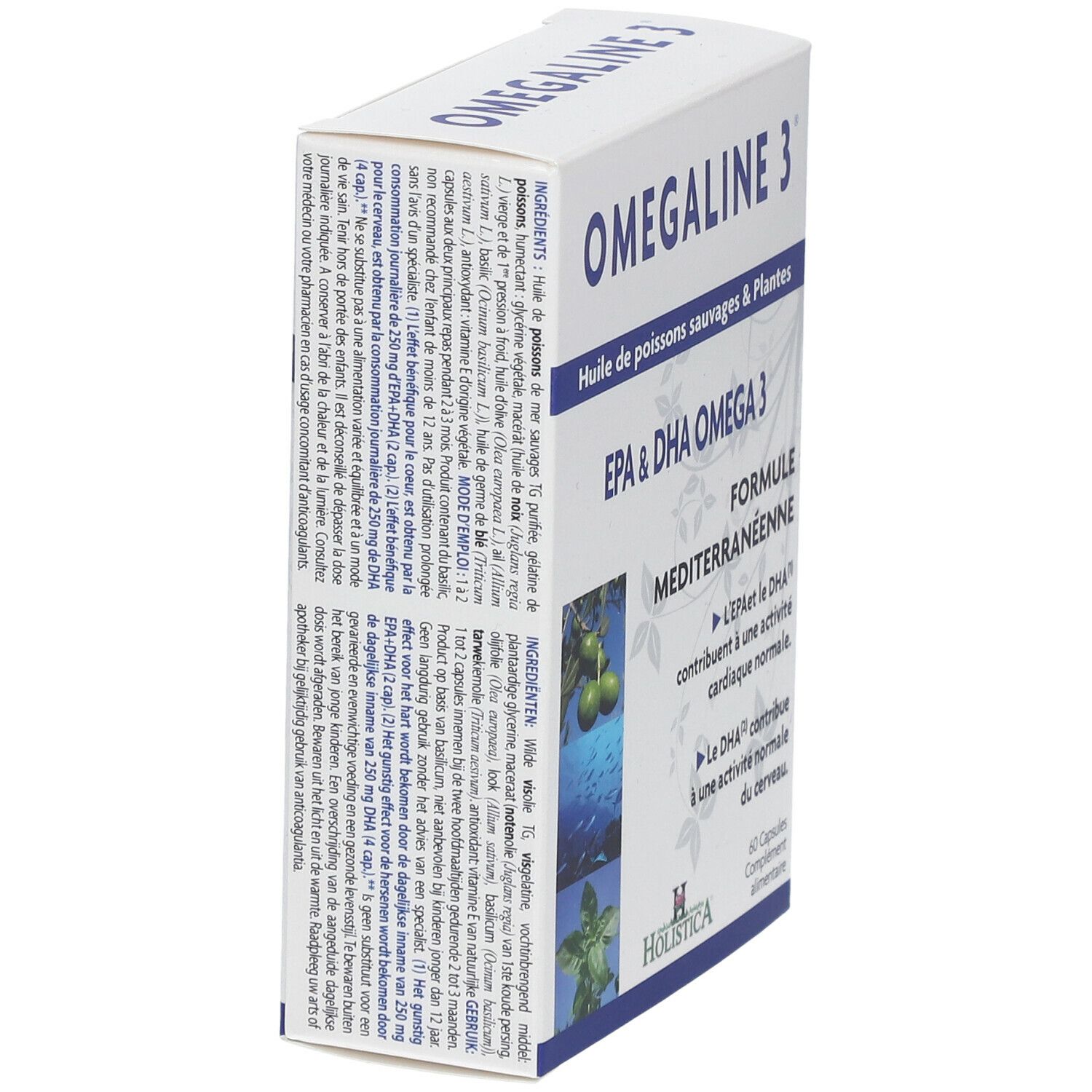 Boîte blanche Omegaline 3, vue latérale. Inscription: EPA & DHA Omega 3, Formule Méditerranéenne. 60 gélules. Marque: Holistica.