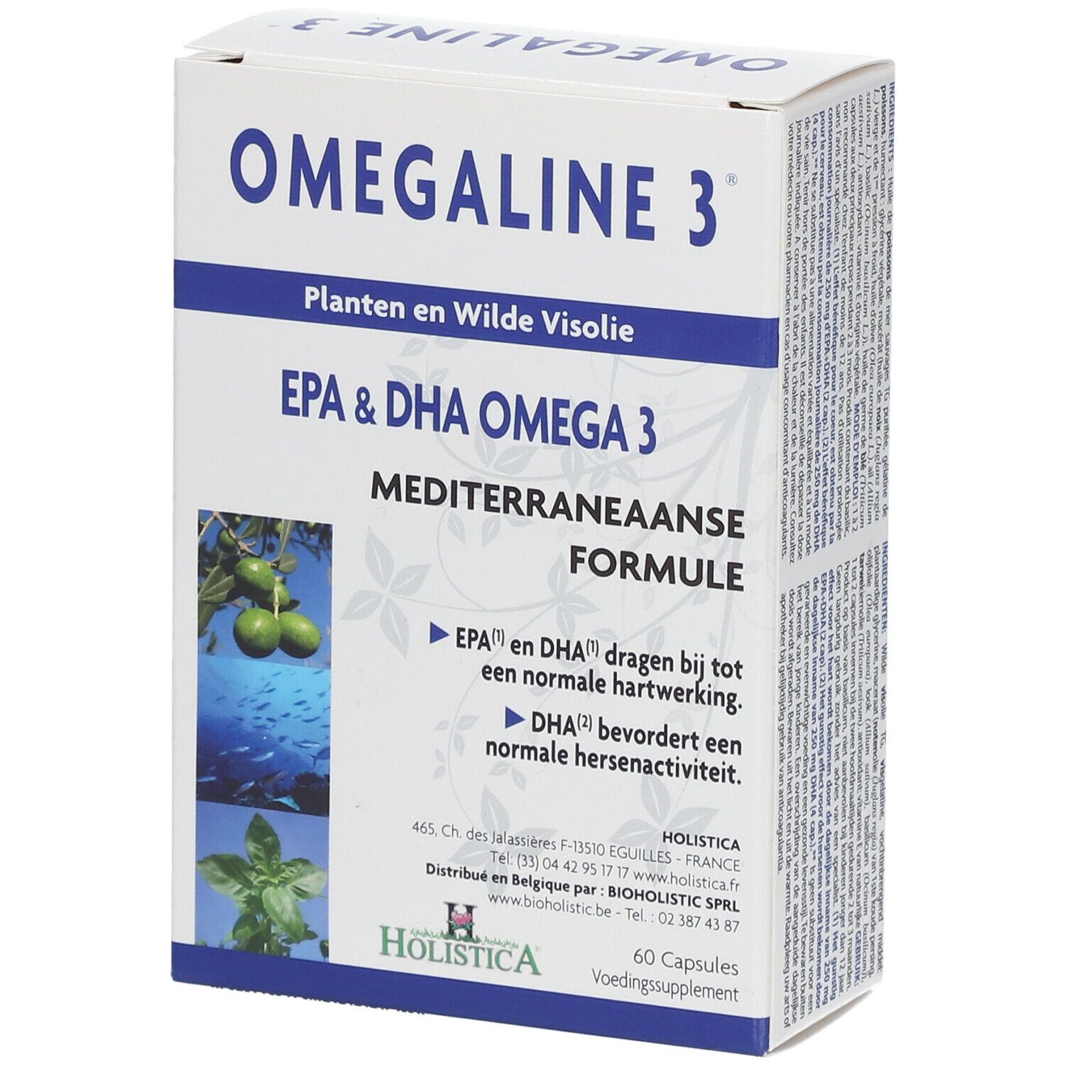Boîte blanche Omegaline 3. Inscription: EPA & DHA Omega 3, Formule Méditerranéenne. 60 gélules. Marque: Holistica. Inscriptions néerlandaises.