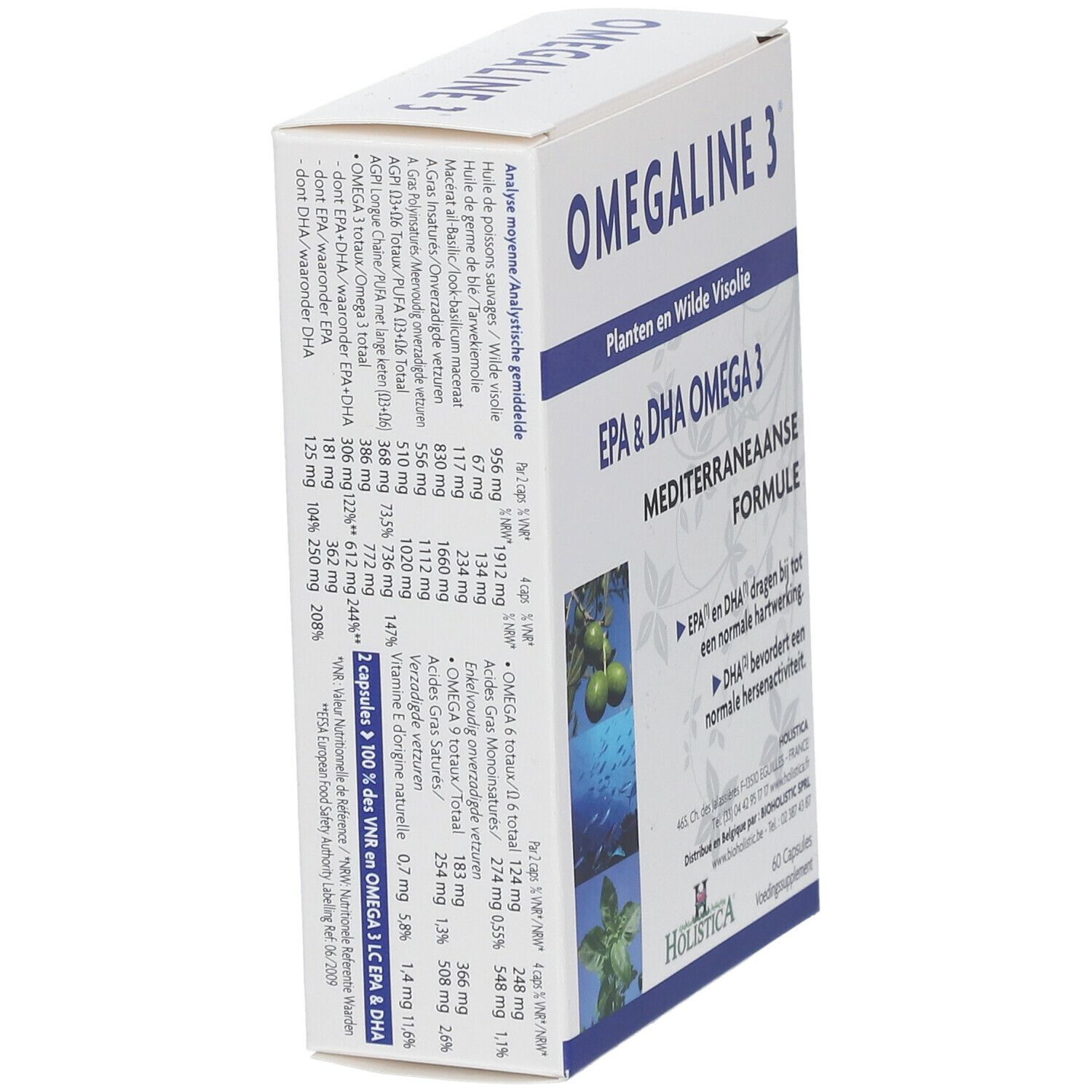 Boîte blanche Omegaline 3, vue latérale. Inscription: EPA & DHA Omega 3, Formule Méditerranéenne. 60 gélules. Marque: Holistica. Inscriptions néerlandaises.