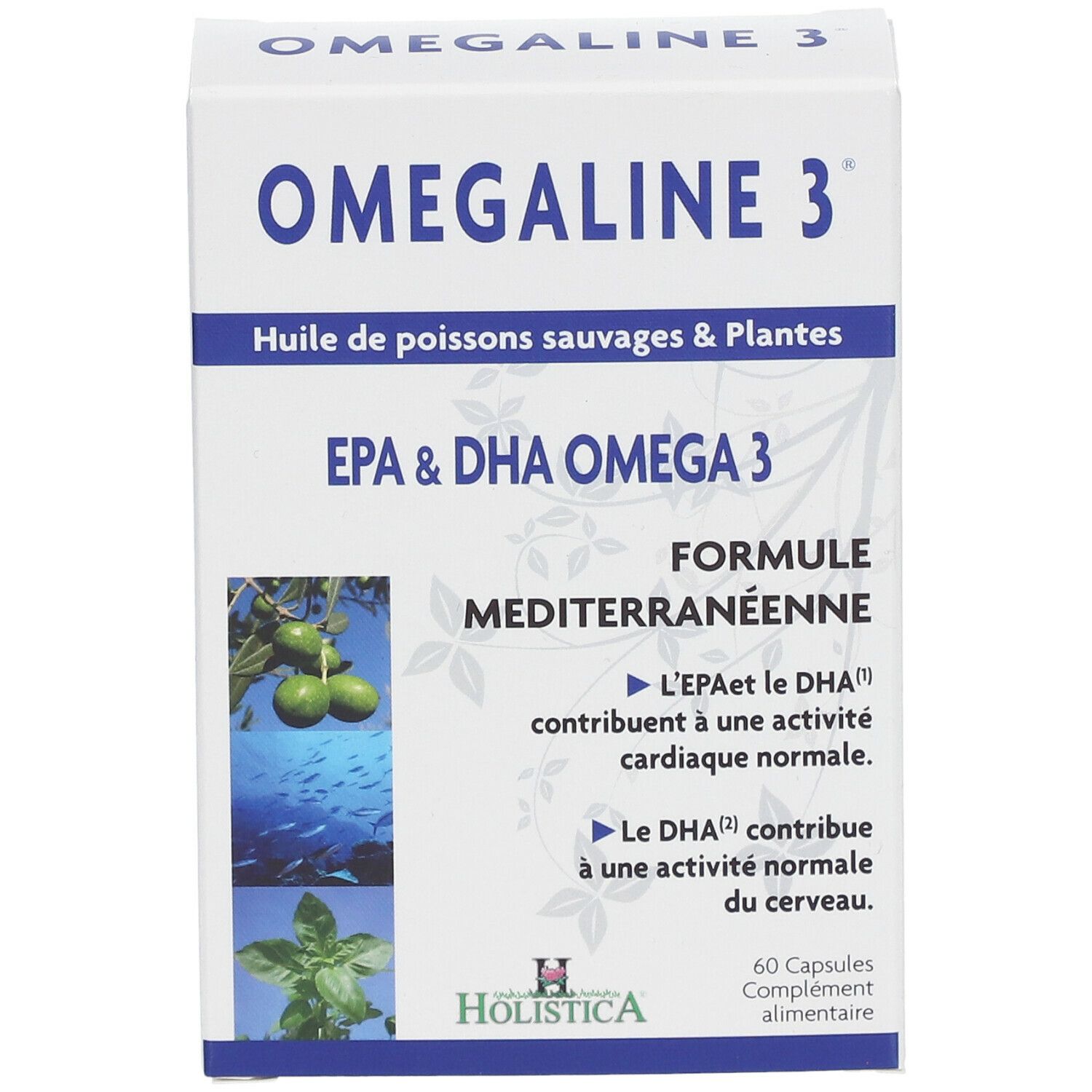 Boîte blanche Omegaline 3. Inscription: EPA & DHA Omega 3, Formule Méditerranéenne. 60 gélules. Marque: Holistica.