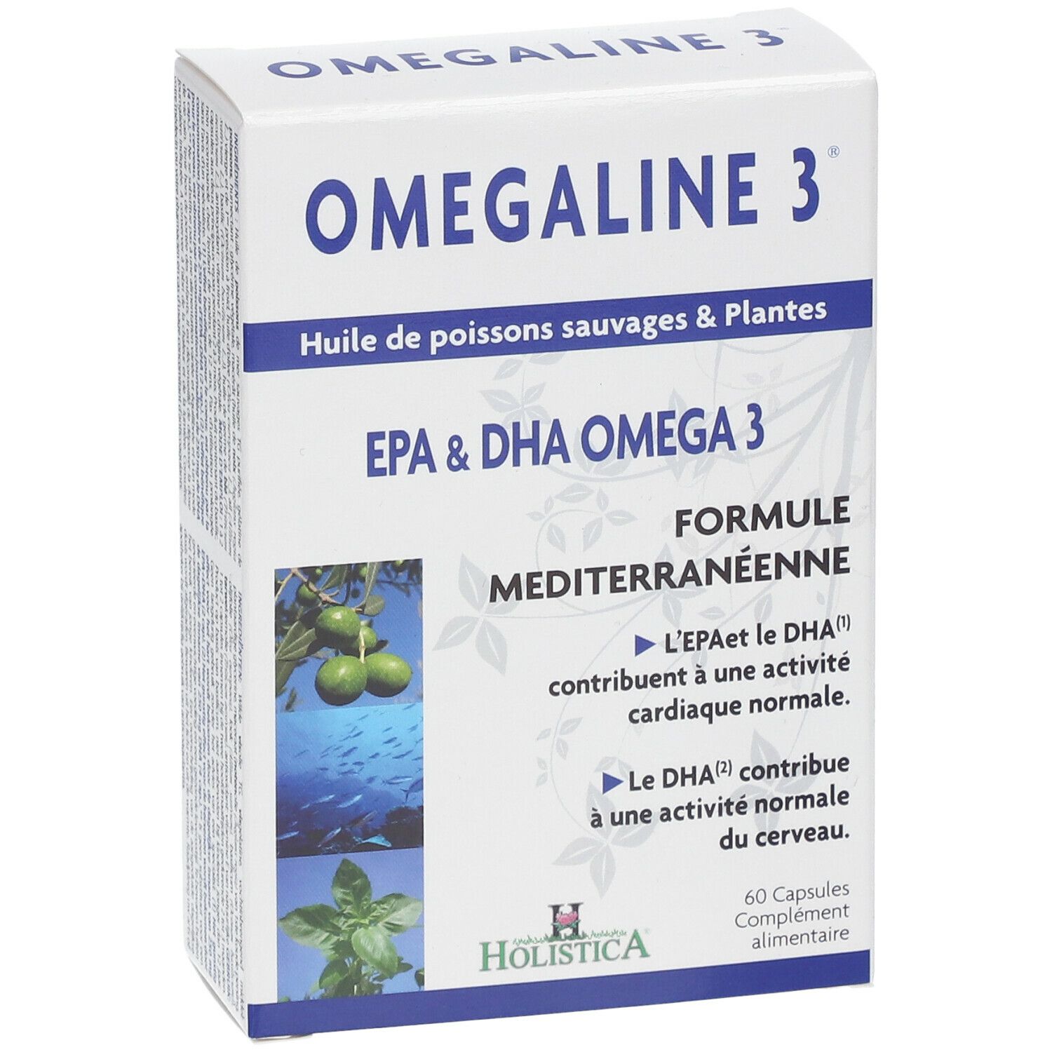 Boîte blanche Omegaline 3. Inscription: EPA & DHA Omega 3, Formule Méditerranéenne. 60 gélules. Marque: Holistica.