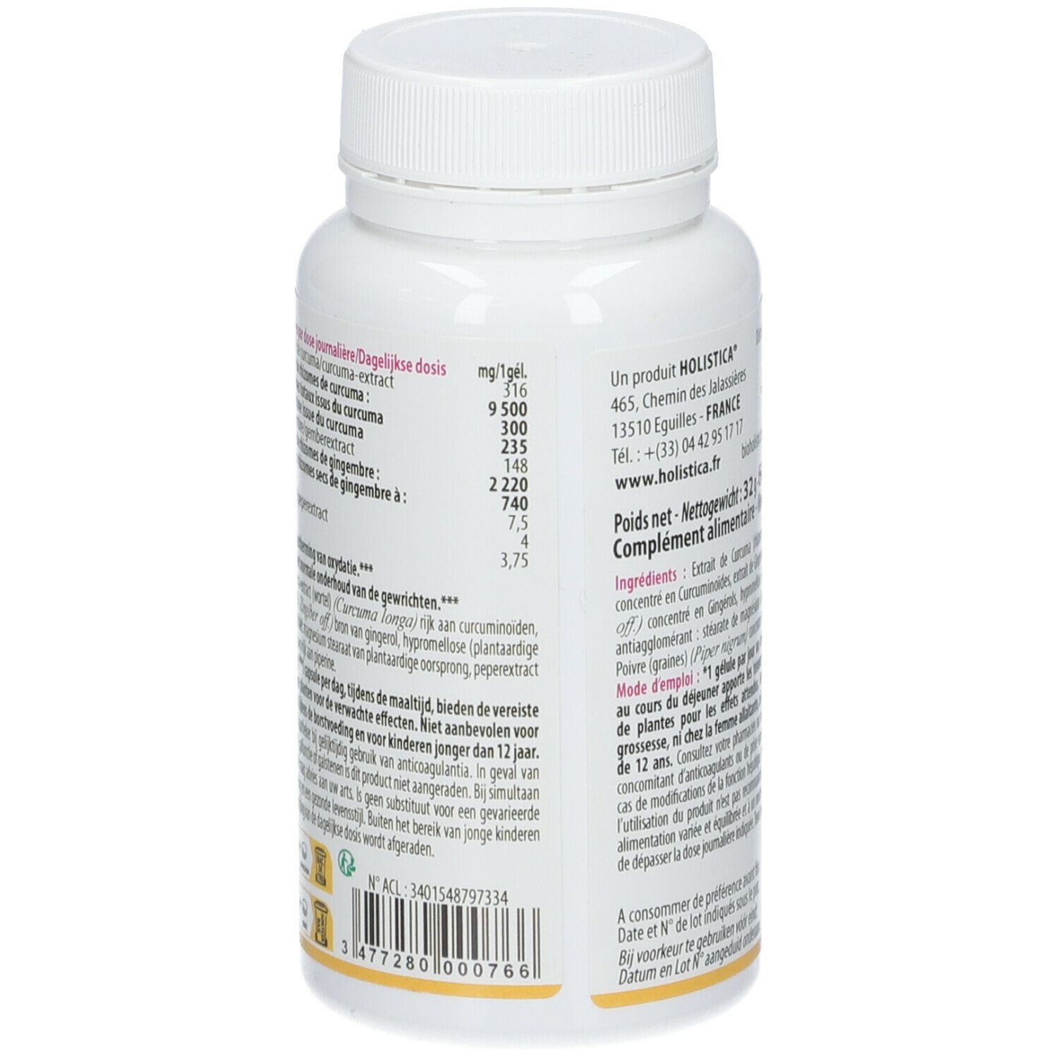 Dos du flacon blanc de gélules. Texte: informations nutritionnelles, adresse du fabricant. Logo Holistica.