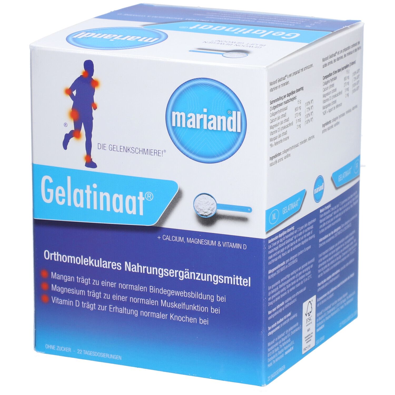 Boîte en carton avec nom et logo du produit. Contient du calcium, du magnésium et de la vitamine D. Informations sur les ingrédients.