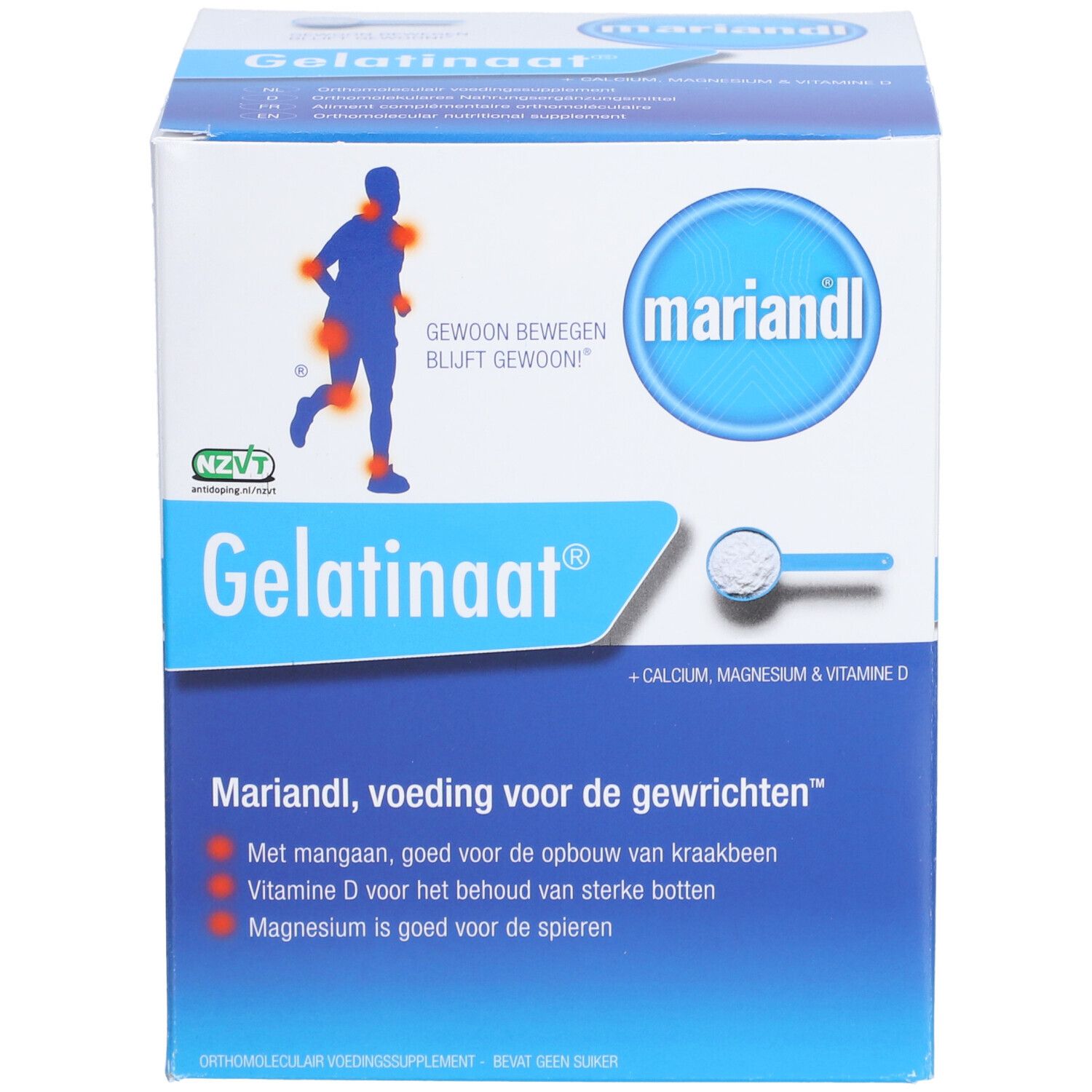Boîte en carton avec nom et logo du produit. Contient du calcium, du magnésium et de la vitamine D. Informations sur les ingrédients.