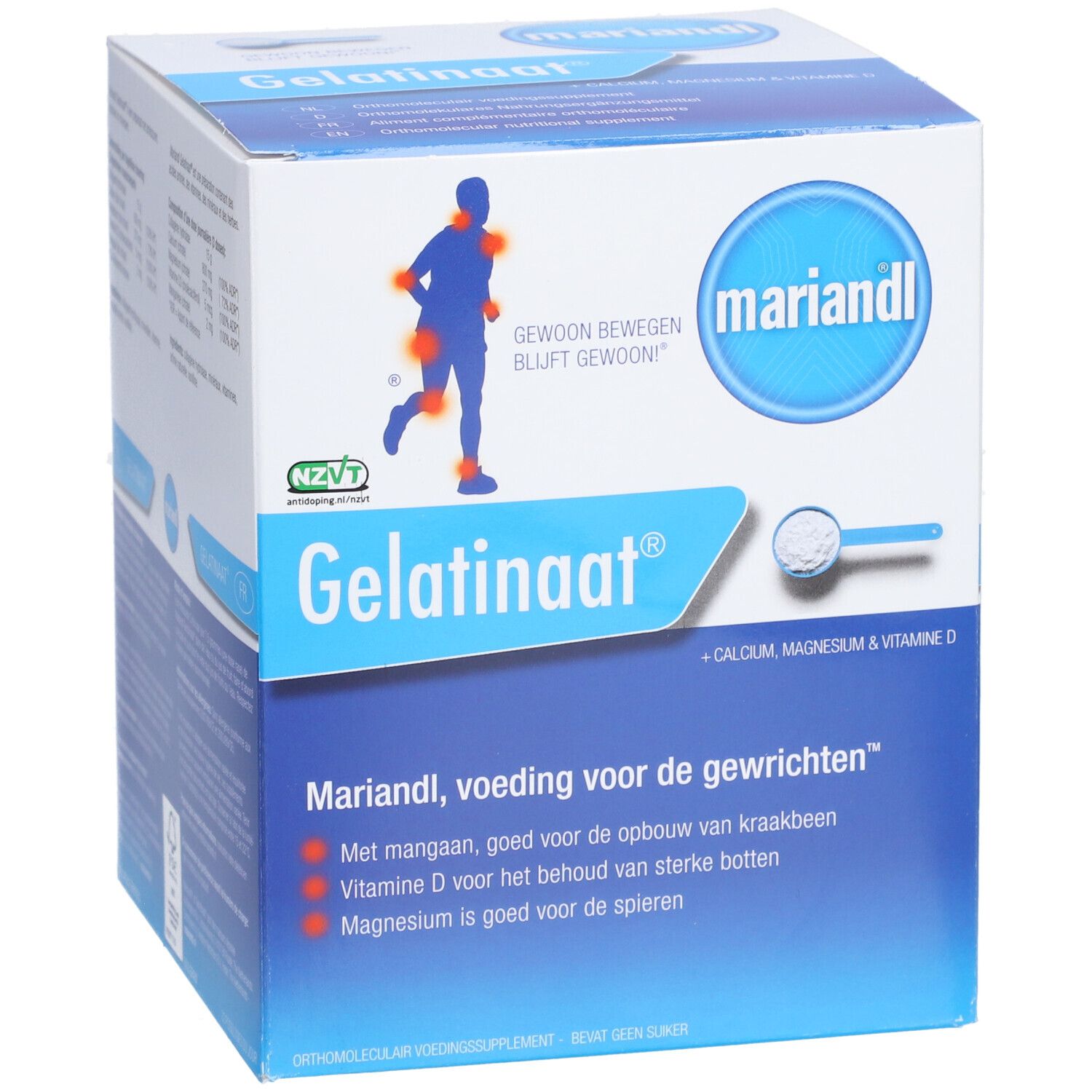 Boîte en carton avec nom et logo du produit. Contient du calcium, du magnésium et de la vitamine D. Informations sur les ingrédients.