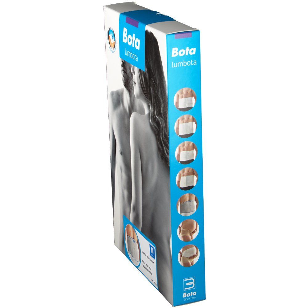 Produktverpackung mit dem Produktnamen Bota Lumbota. Abgebildet sind ein Mann und eine Frau. Illustrationen zeigen Anwendung.