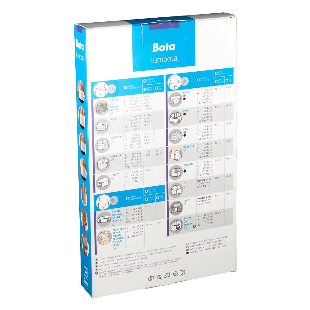 Rückseite der Produktverpackung. Diagramme und Tabellen mit Größenangaben und Produktinformationen.