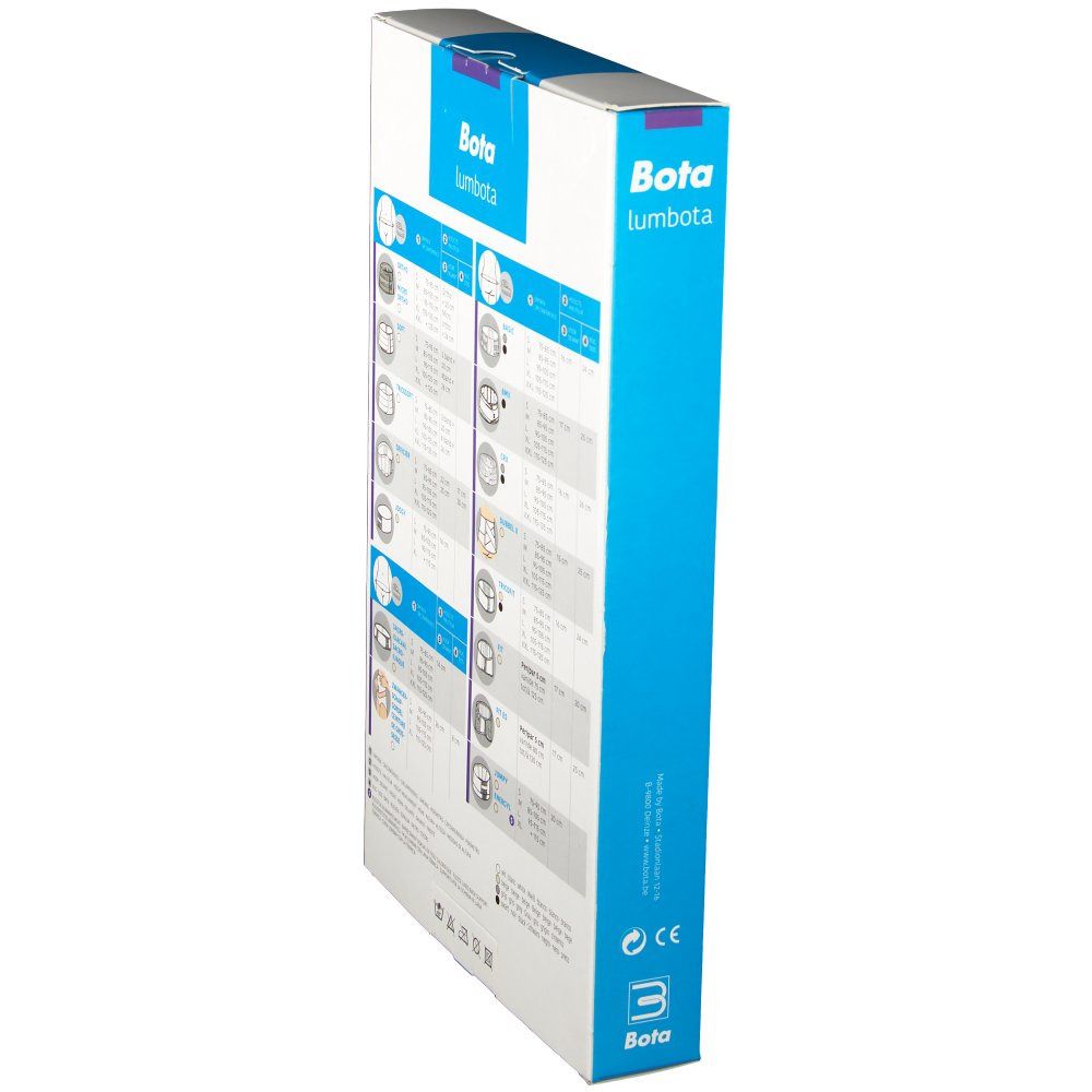 Produktverpackung mit blauem Akzent. Produktname Bota Lumbota. CE-Kennzeichnung.