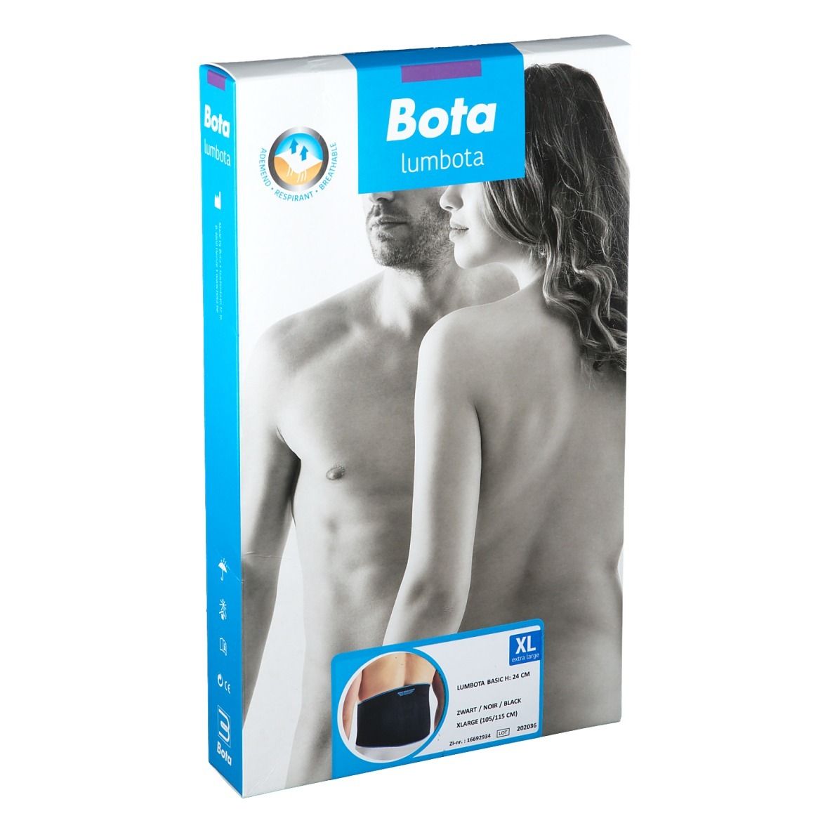 Verpackung von BOTA Lumbota Basic Schwarz Gr. XL. Vorderseite mit Produktabbildung und Größenangabe XL. Abbildung von Mann und Frau.