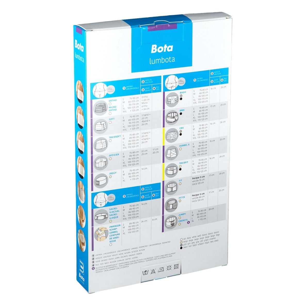 Rückseite der Verpackung von BOTA Lumbota. Größenangaben und Produktabbildungen. Verschiedene Piktogramme und Größenangaben.