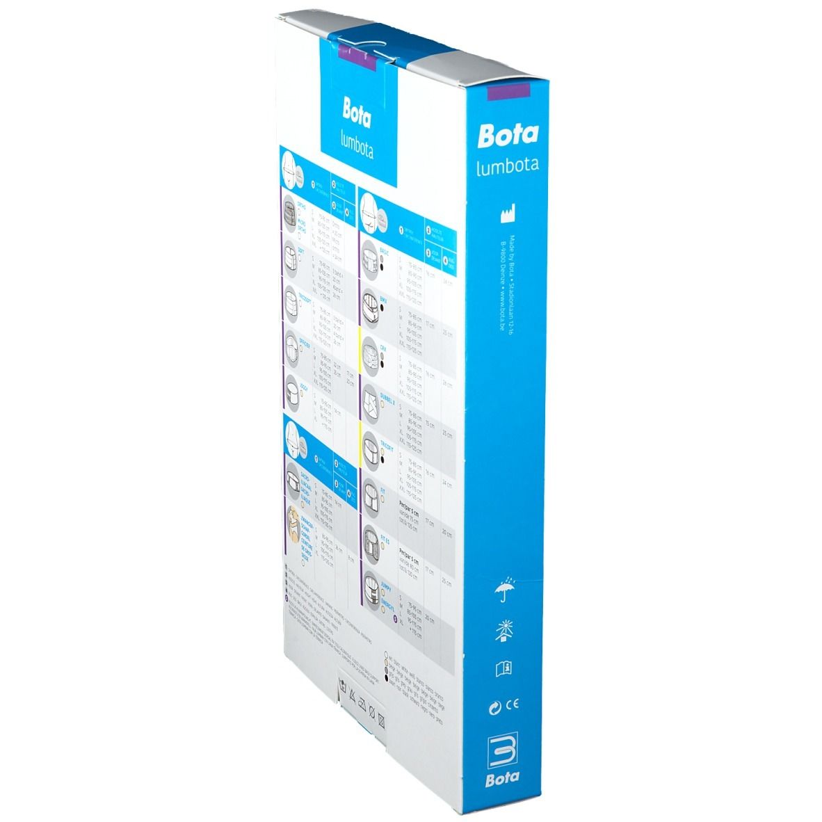 Seitenansicht der Verpackung von BOTA Lumbota. Größenangaben und Produktabbildungen. Verschiedene Piktogramme und Größenangaben.