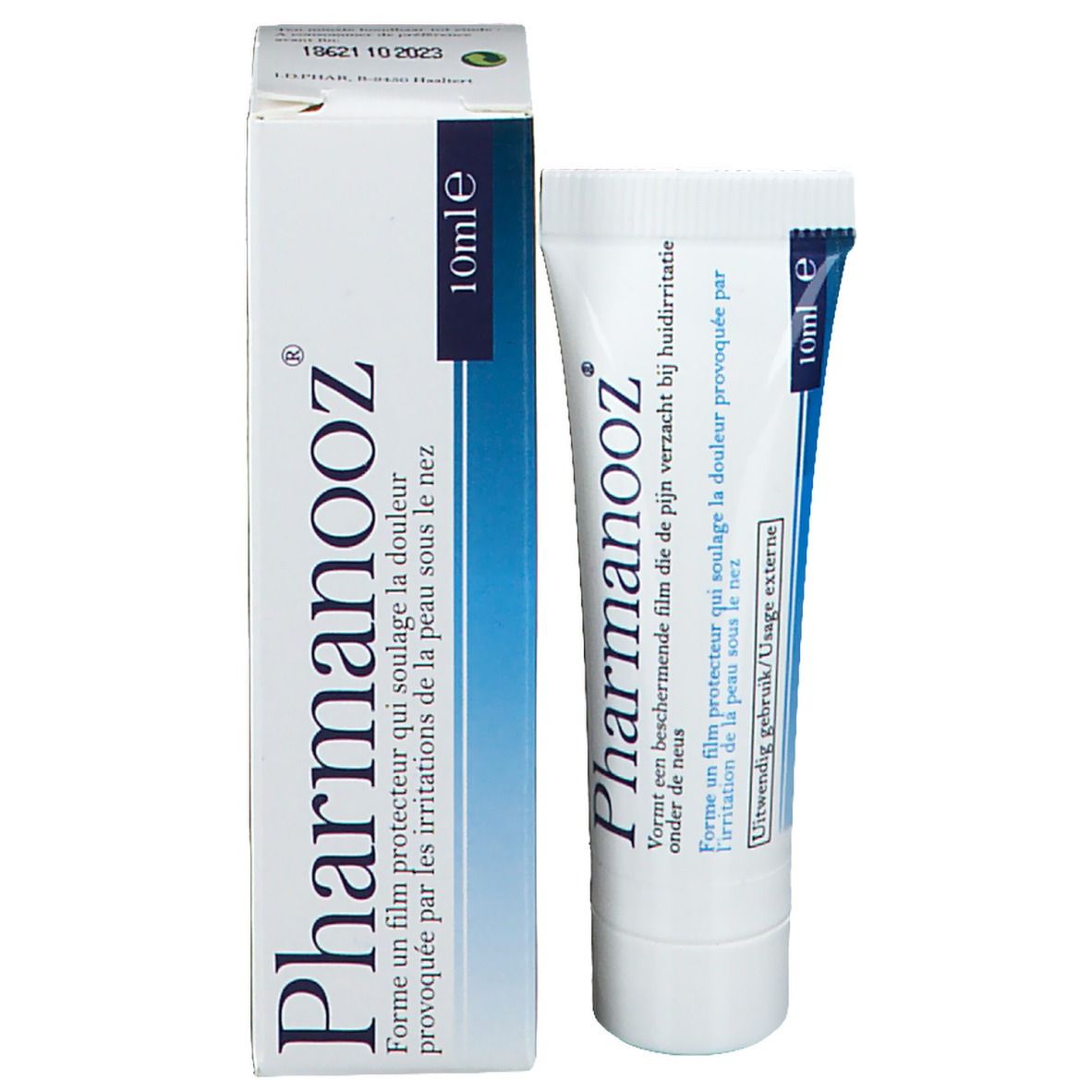Boîte et tube Pharmanooz, 10 ml. Texte en néerlandais et français. Fond blanc.