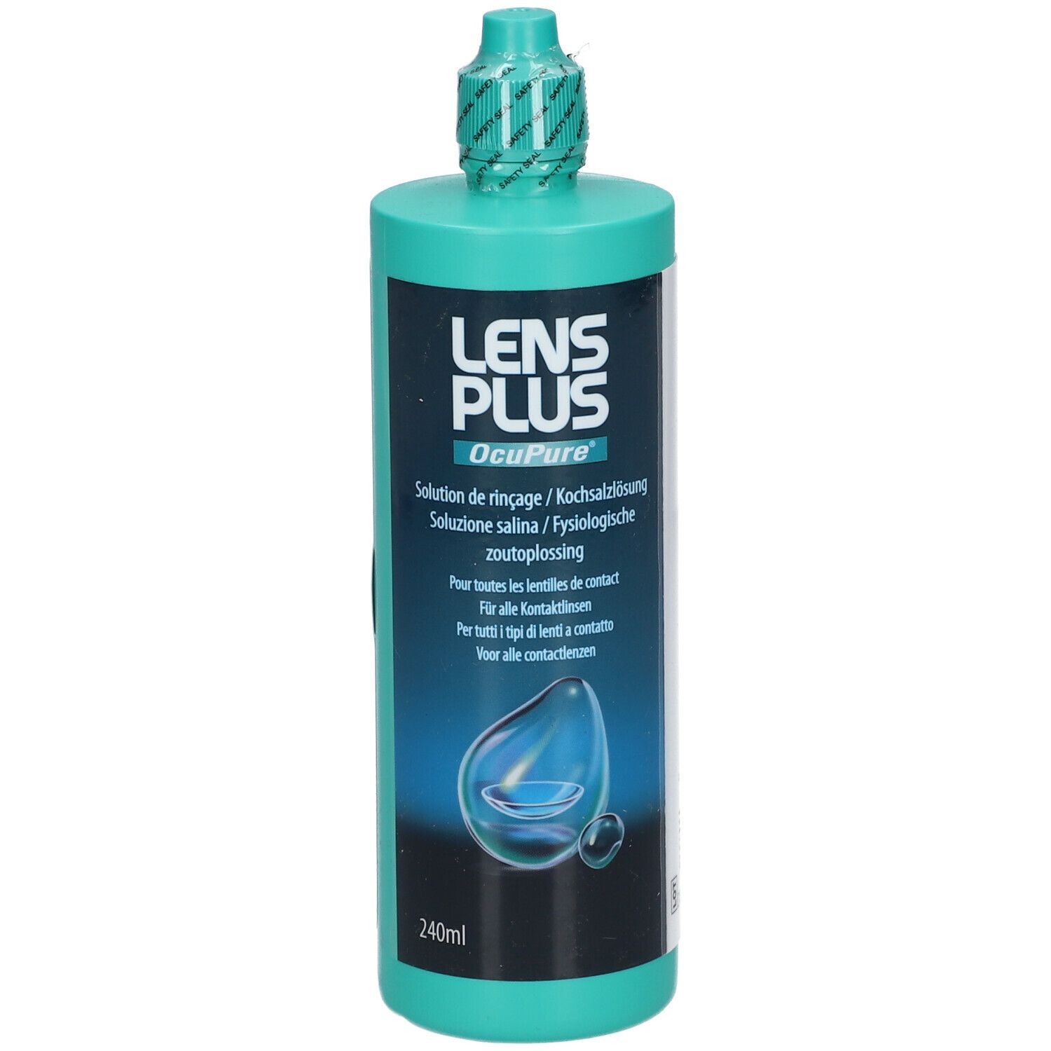 Flacon vert avec étiquette "LENS Plus OcuPure". Solution saline pour lentilles. 240ml.