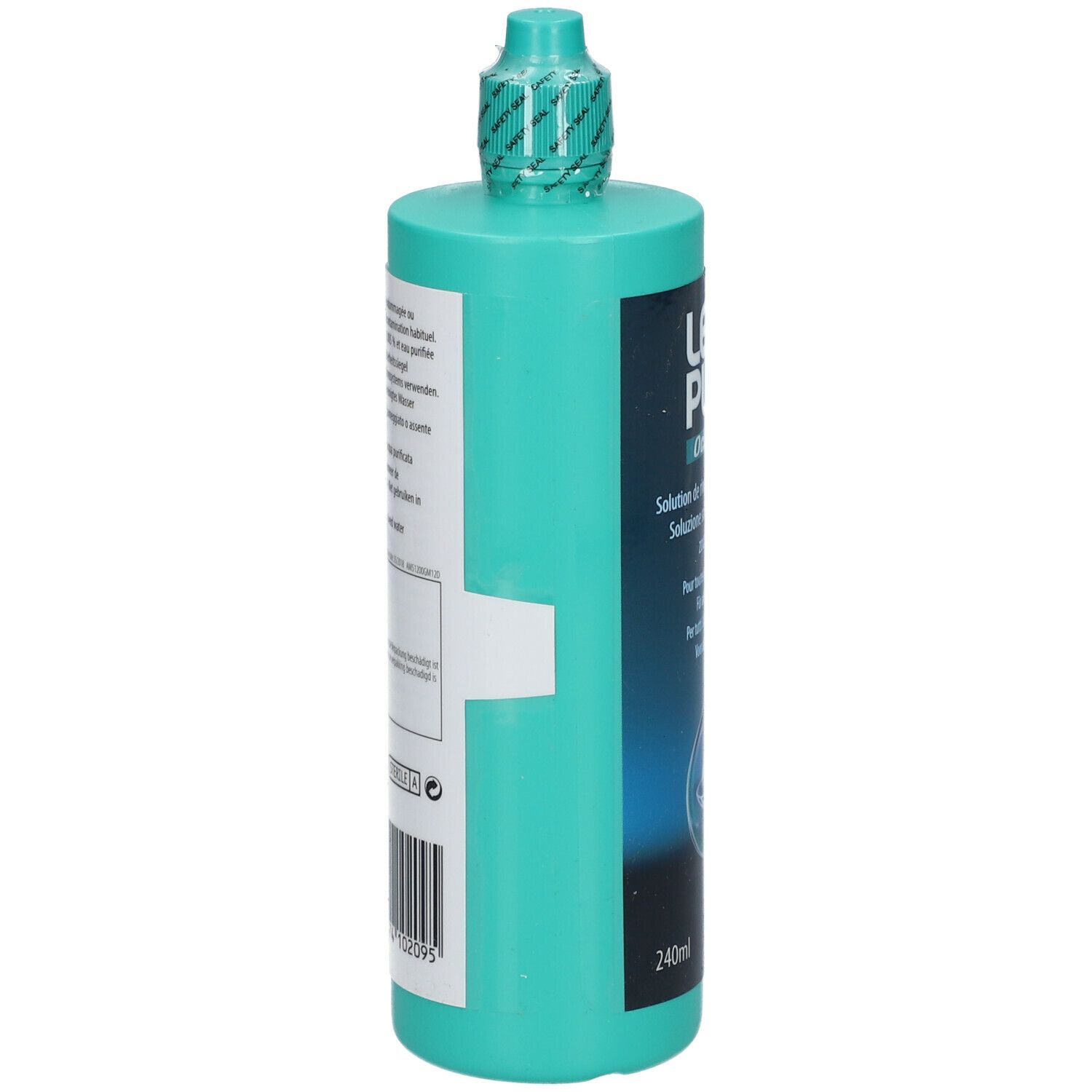 Flacon vert avec étiquette. Informations produit et code-barres. Bouchon vert en haut.