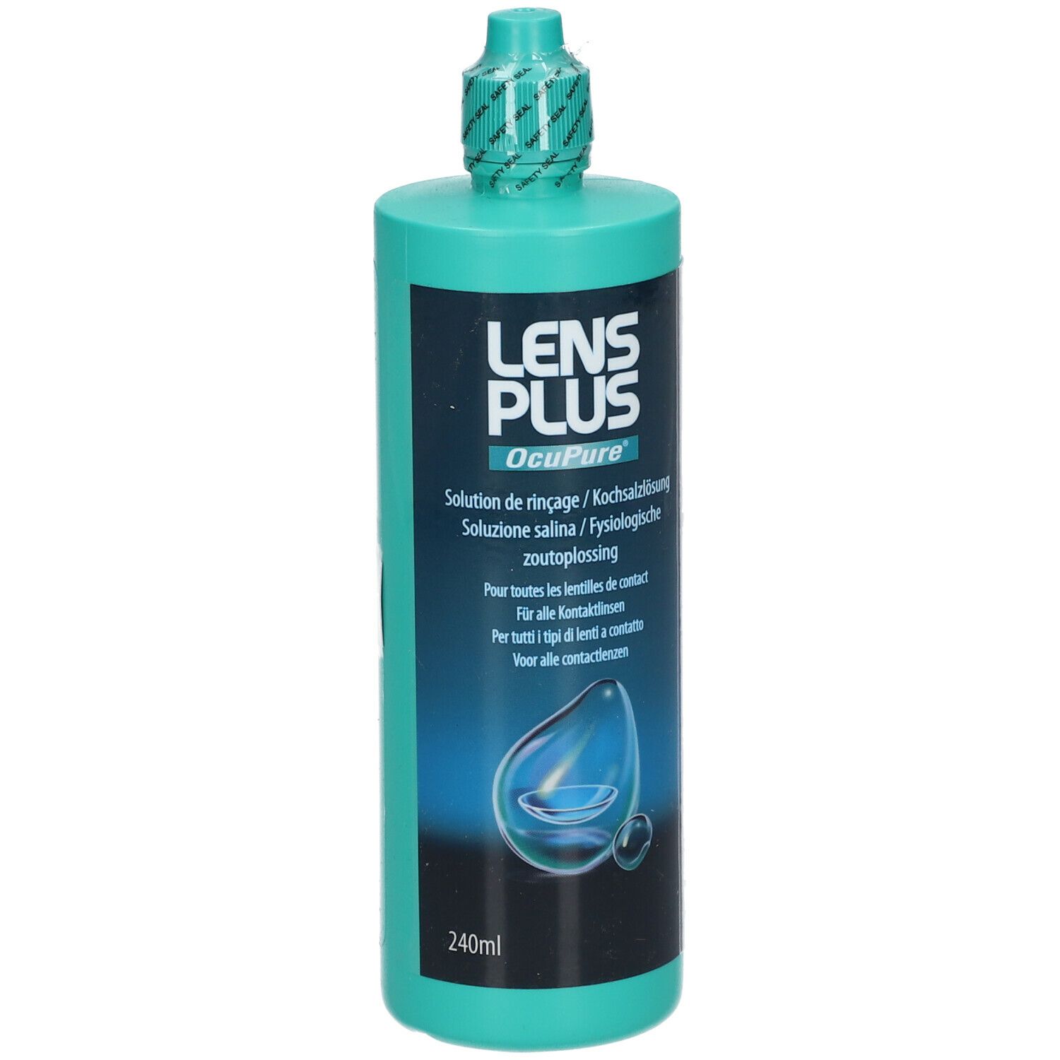 Flacon vert avec étiquette "LENS Plus OcuPure". Solution saline pour lentilles. 240ml.