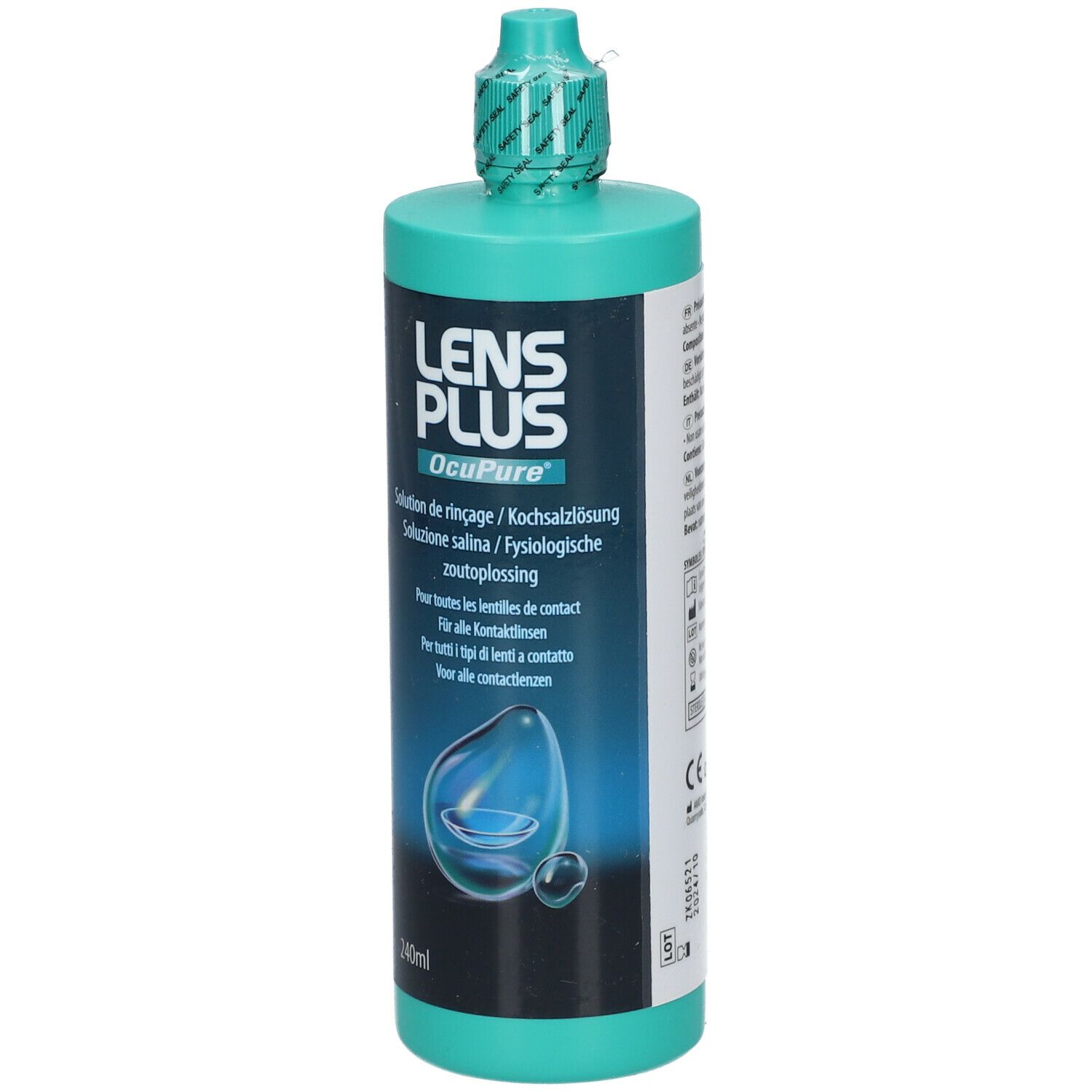 Flacon vert avec étiquette "LENS Plus OcuPure". Solution saline pour lentilles. 240ml.
