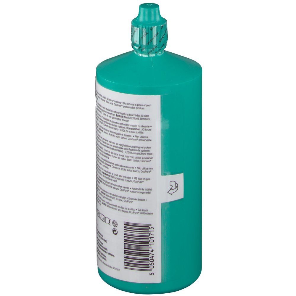 Achterkant van de groene fles. Wit etiket met tekst en barcode. Bevat informatie over gebruik en ingrediënten.