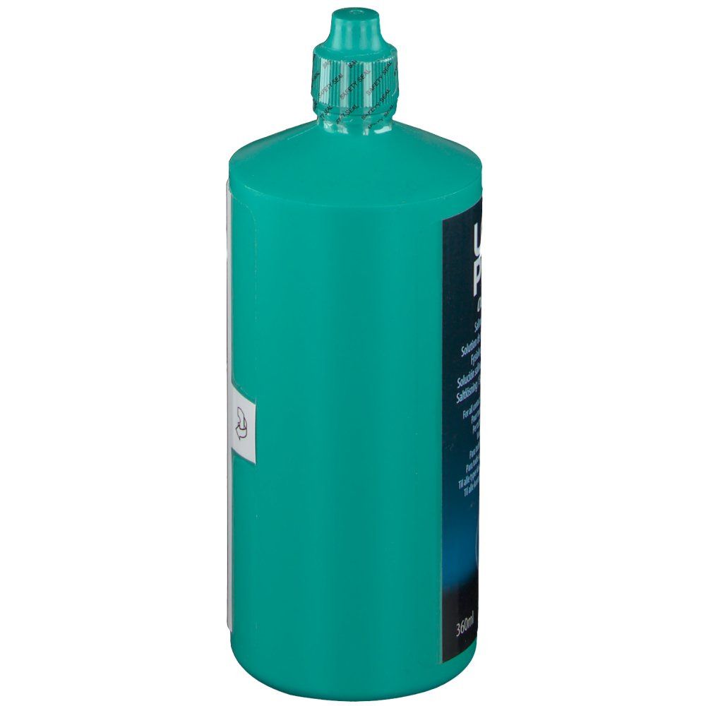 Groene fles, zijaanzicht. Wit etiket met tekst. Bevat informatie over gebruik en ingrediënten. 360ml.