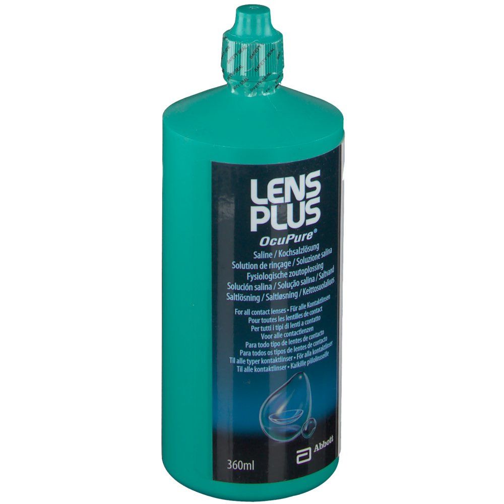 Groene fles met wit etiket. Opschrift: LENS PLUS OcuPure. Oplossing voor contactlenzen. 360ml. Abbott logo.