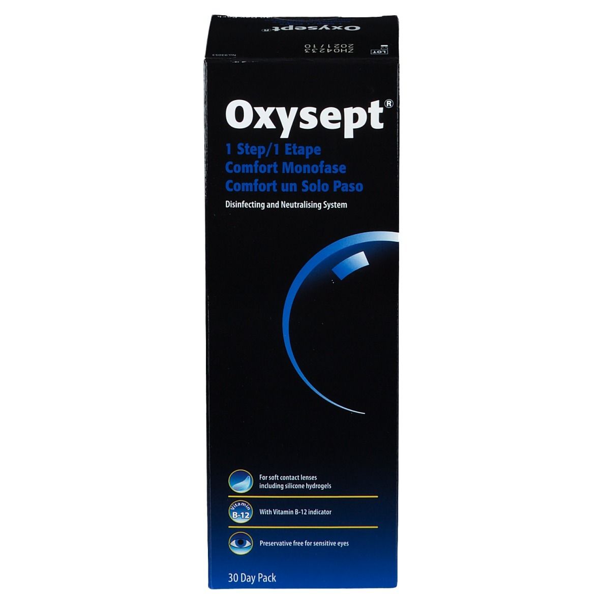 Boîte noire avec nom du produit et graphique bleu. Texte en allemand, anglais, espagnol et français. Contient des informations sur les lentilles de contact.