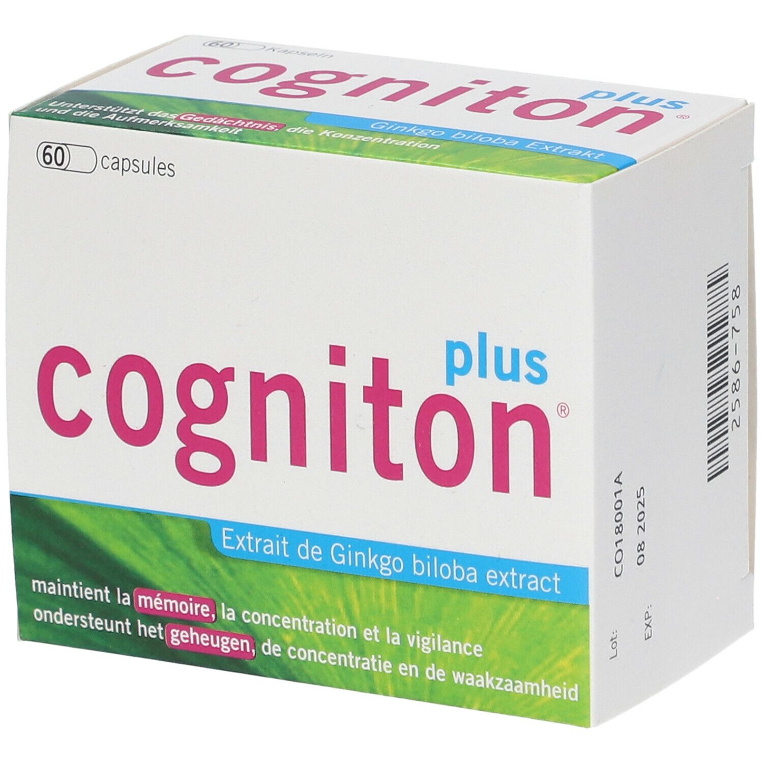 Boîte de Cogniton plus. Contient 60 capsules. Texte: Extrait de Ginkgo biloba.