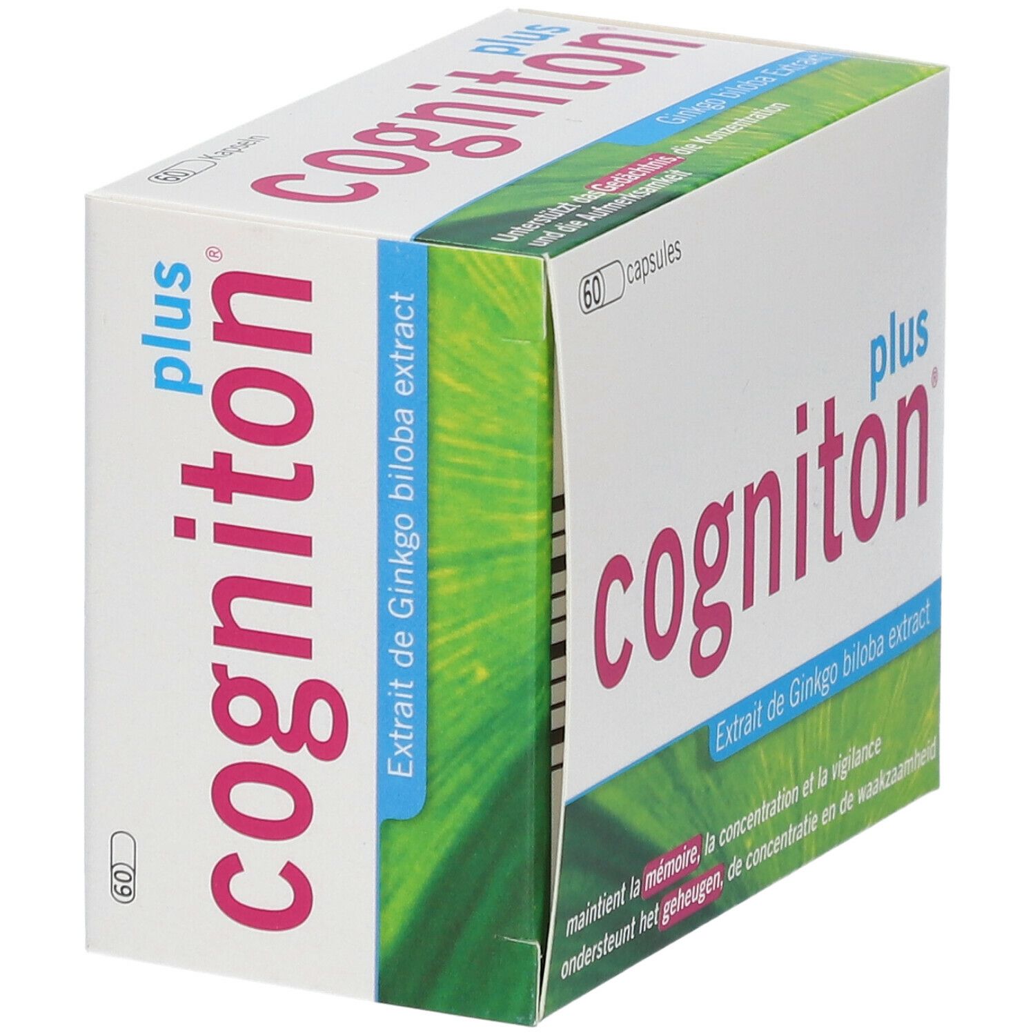 Boîte de Cogniton plus. Contient 60 capsules. Texte: Extrait de Ginkgo biloba.