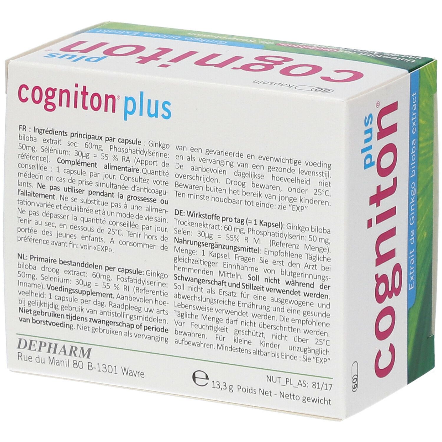 Boîte de Cogniton plus. Contient 60 capsules. Ingrédients et informations.