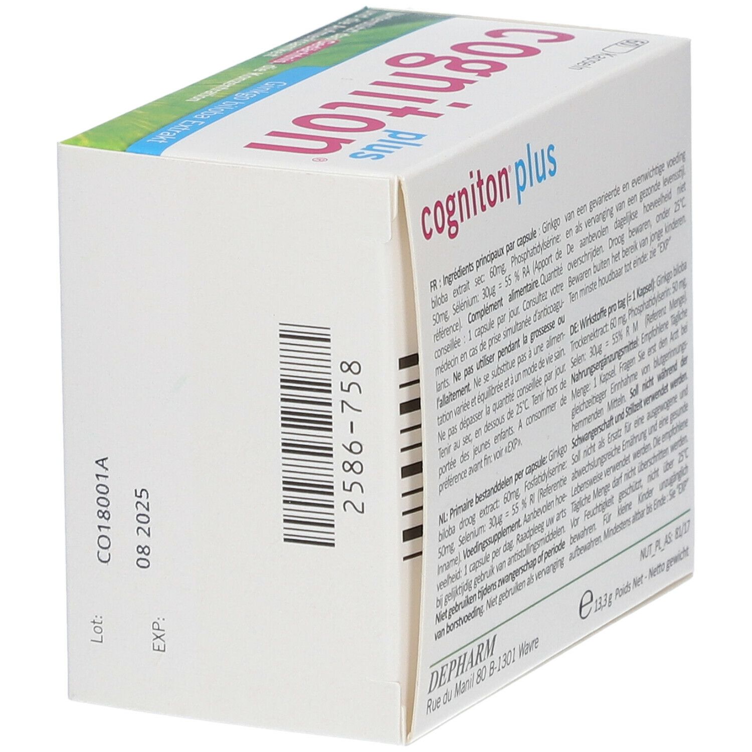 Vue latérale de la boîte Cogniton plus. Numéro de lot et date d'expiration.