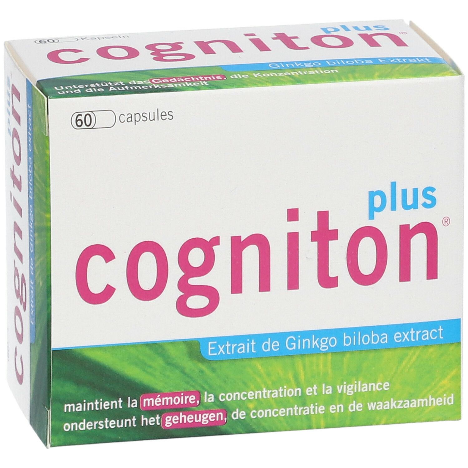 Boîte de Cogniton plus. Contient 60 capsules. Texte: Extrait de Ginkgo biloba.