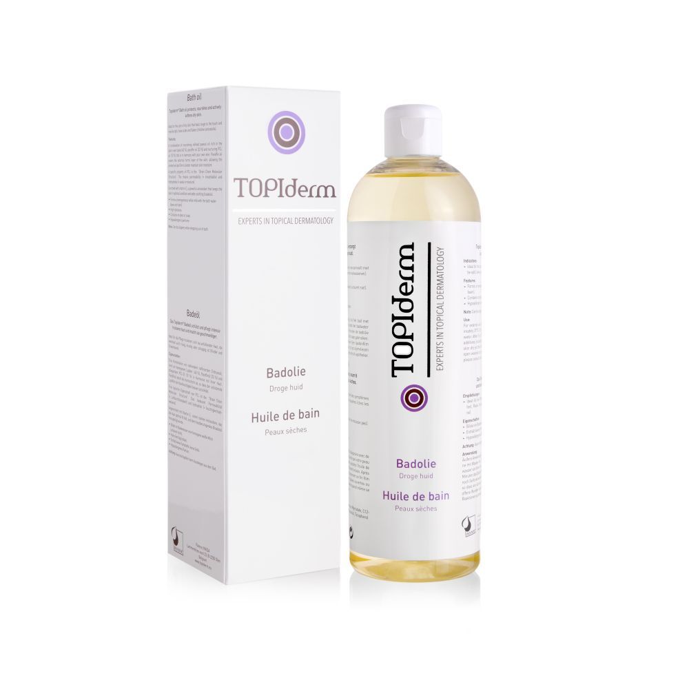 TOPIderm Badeöl fles en verpakking. Opschrift: Badeöl, Huile de bain. Logo: paarse cirkel.