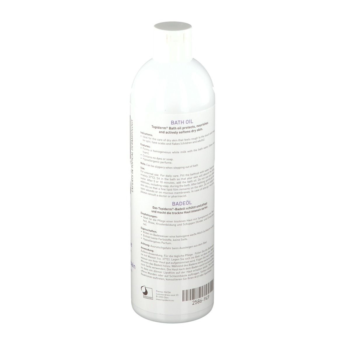 Achterkant witte fles met tekst. Opschrift: Badeöl, Huile de bain. Tekst in Duits, Frans, Nederlands.