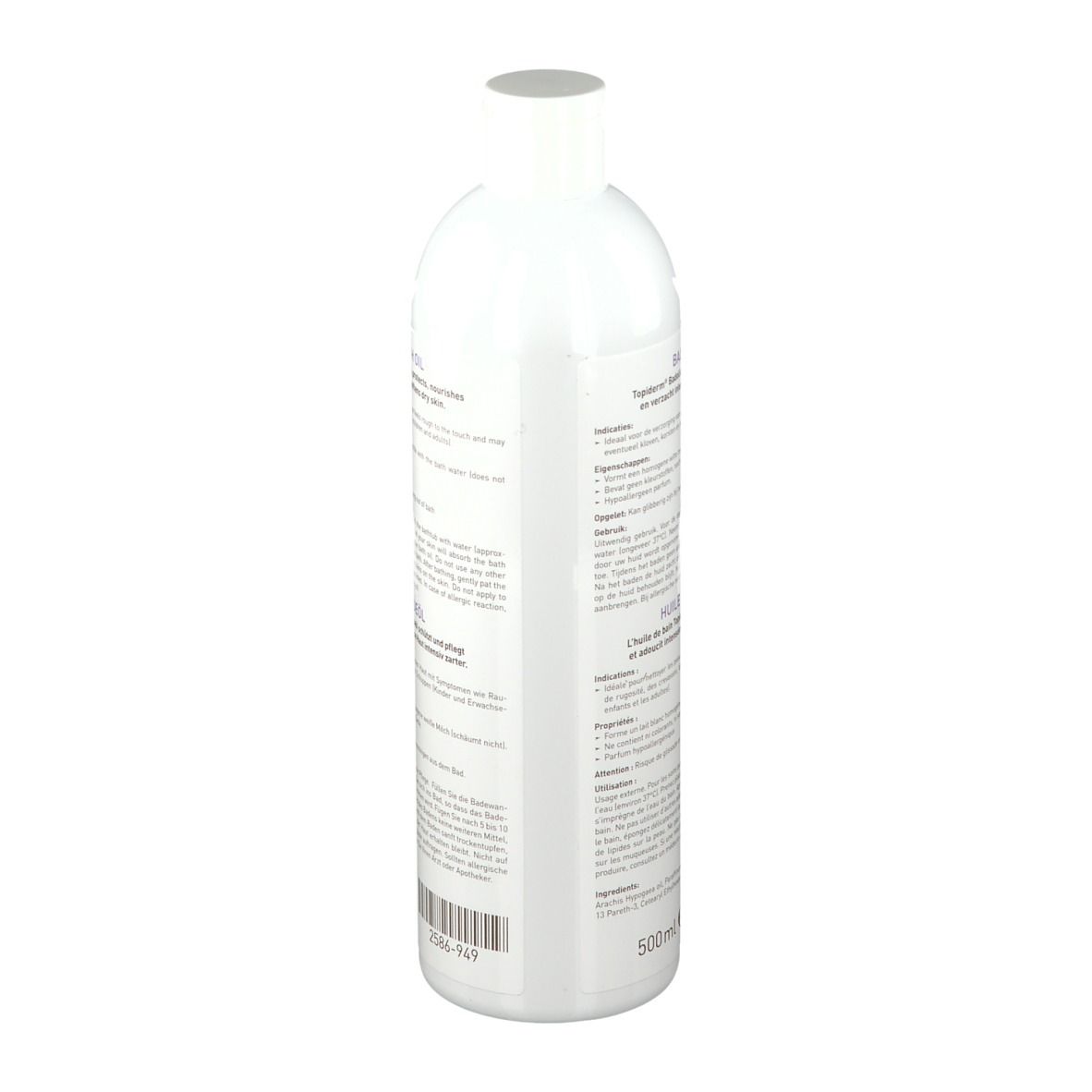 Zijaanzicht witte fles met tekst. Opschrift: Badeöl, Huile de bain. Tekst in Duits, Frans, Nederlands.