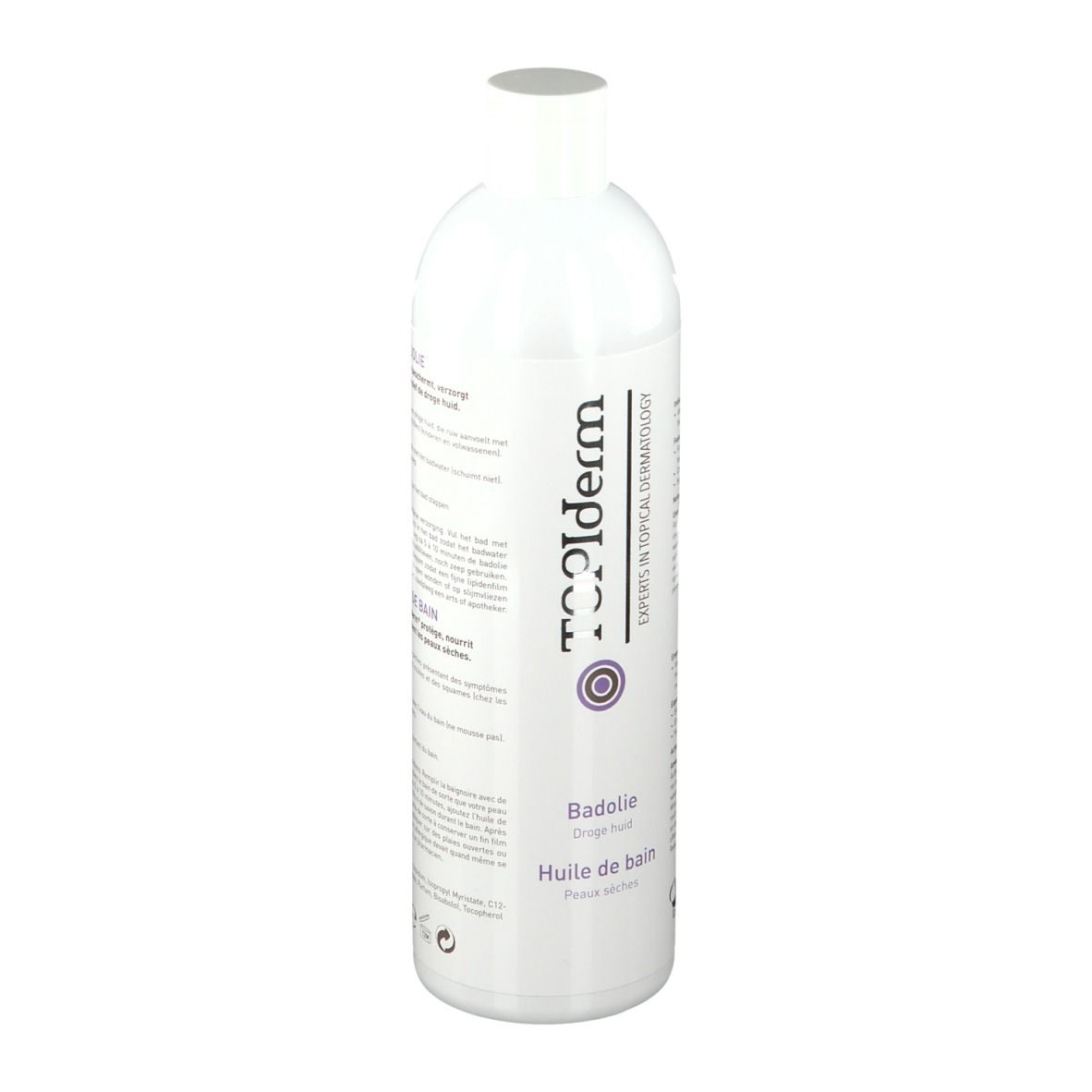 Witte fles TOPIderm Badeöl. Opschrift: Badeöl, Huile de bain. Logo: paarse cirkel.