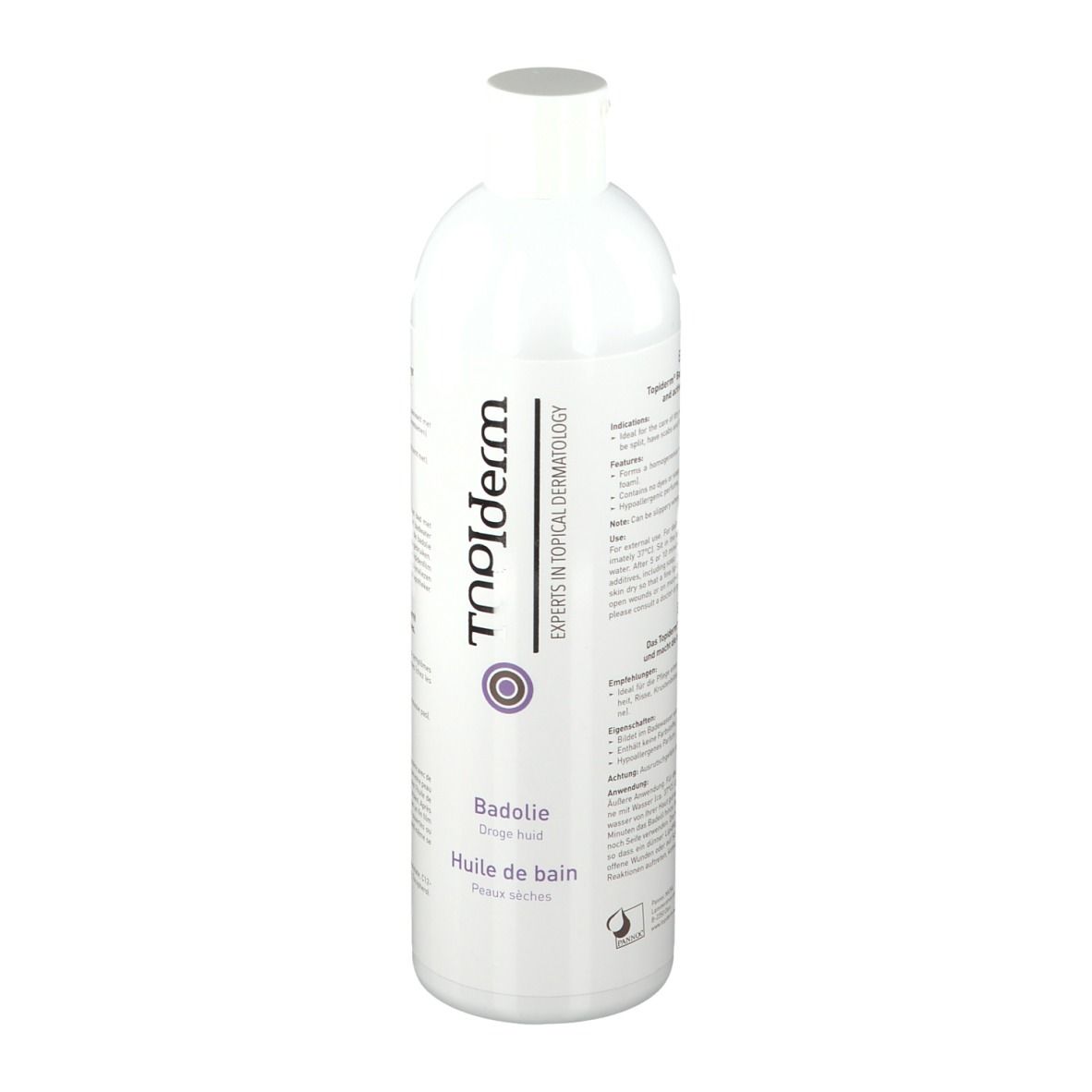 Witte fles TOPIderm Badeöl. Opschrift: Badeöl, Huile de bain. Logo: paarse cirkel.