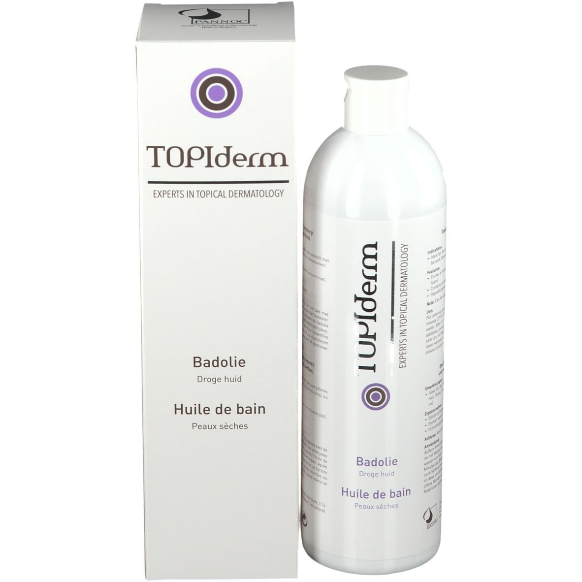 TOPIderm Badeöl fles en verpakking. Opschrift: Badeöl, Huile de bain. Logo: paarse cirkel.