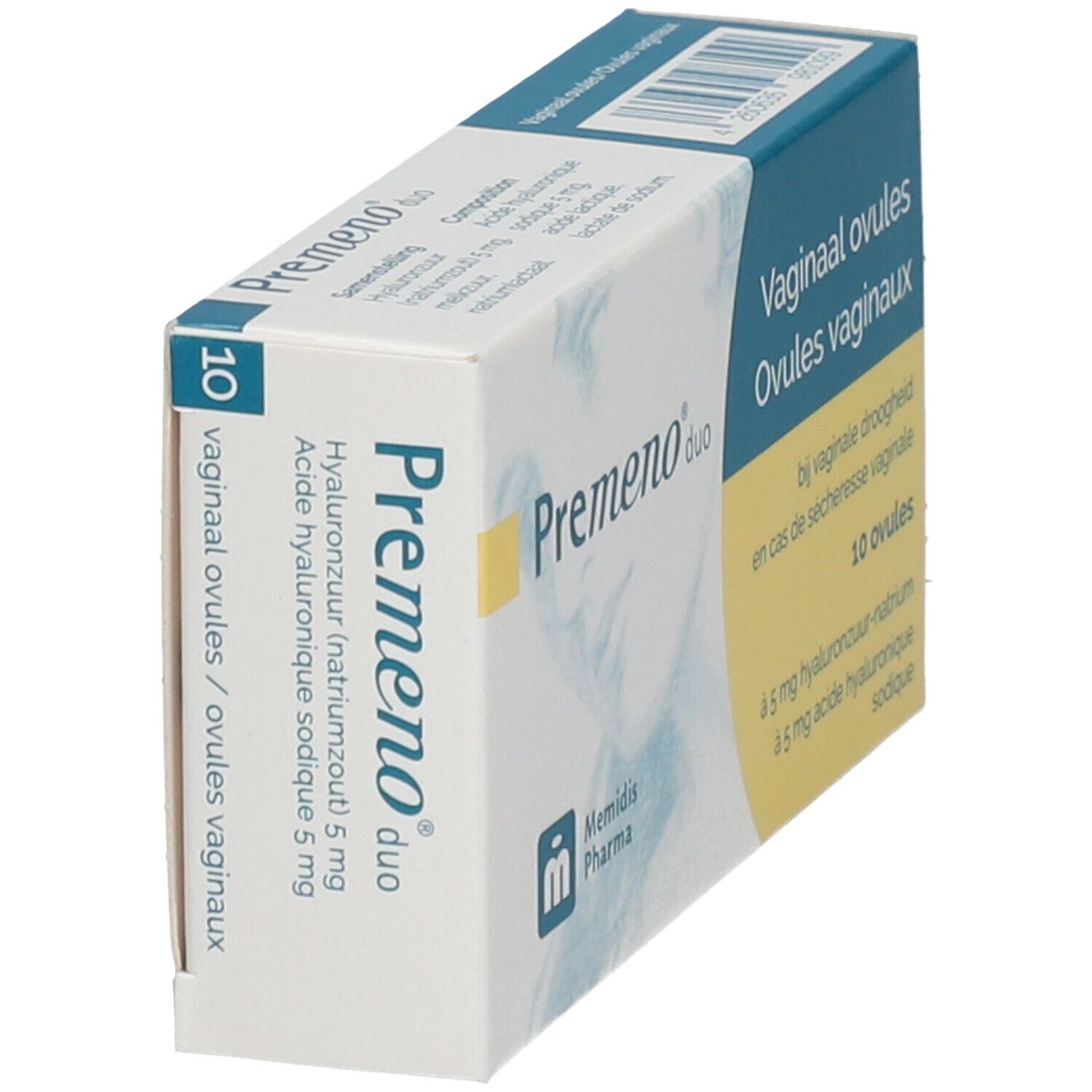Doosje "Premeno duo" vaginale ovules. Blauw en witte verpakking. Bevat 10 ovules. Opschrift: hyaluronzuur 5 mg.