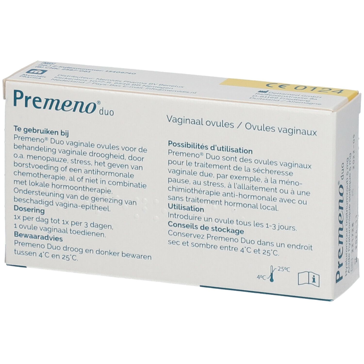 Achterkant van de "Premeno duo" doos. Tekst in het Nederlands en Frans. Informatie over gebruik en opslag.