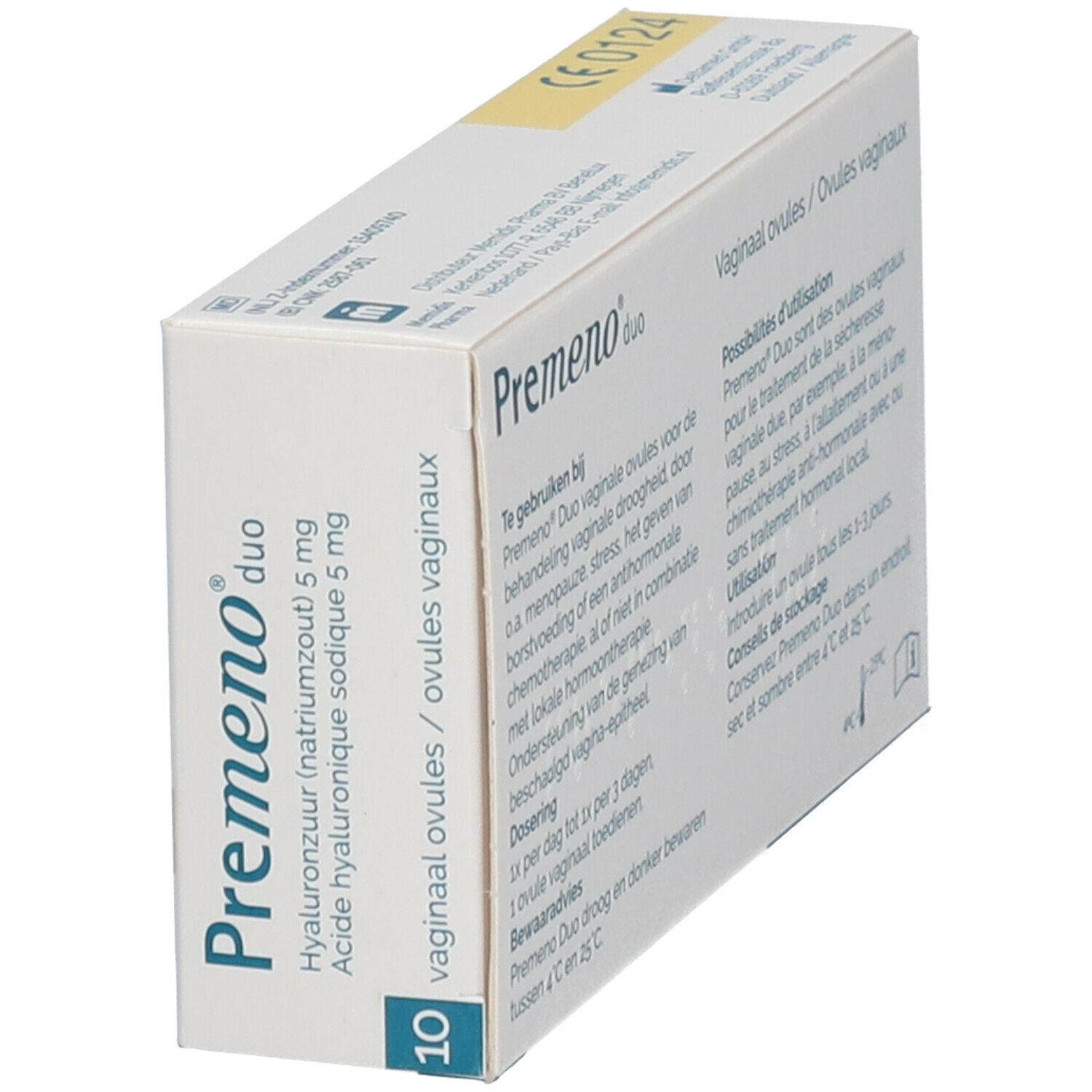 Doosje "Premeno duo" met 10 ovules. Blauw en witte verpakking. Bevat hyaluronzuur 5 mg. Opschrift: vaginale ovules.