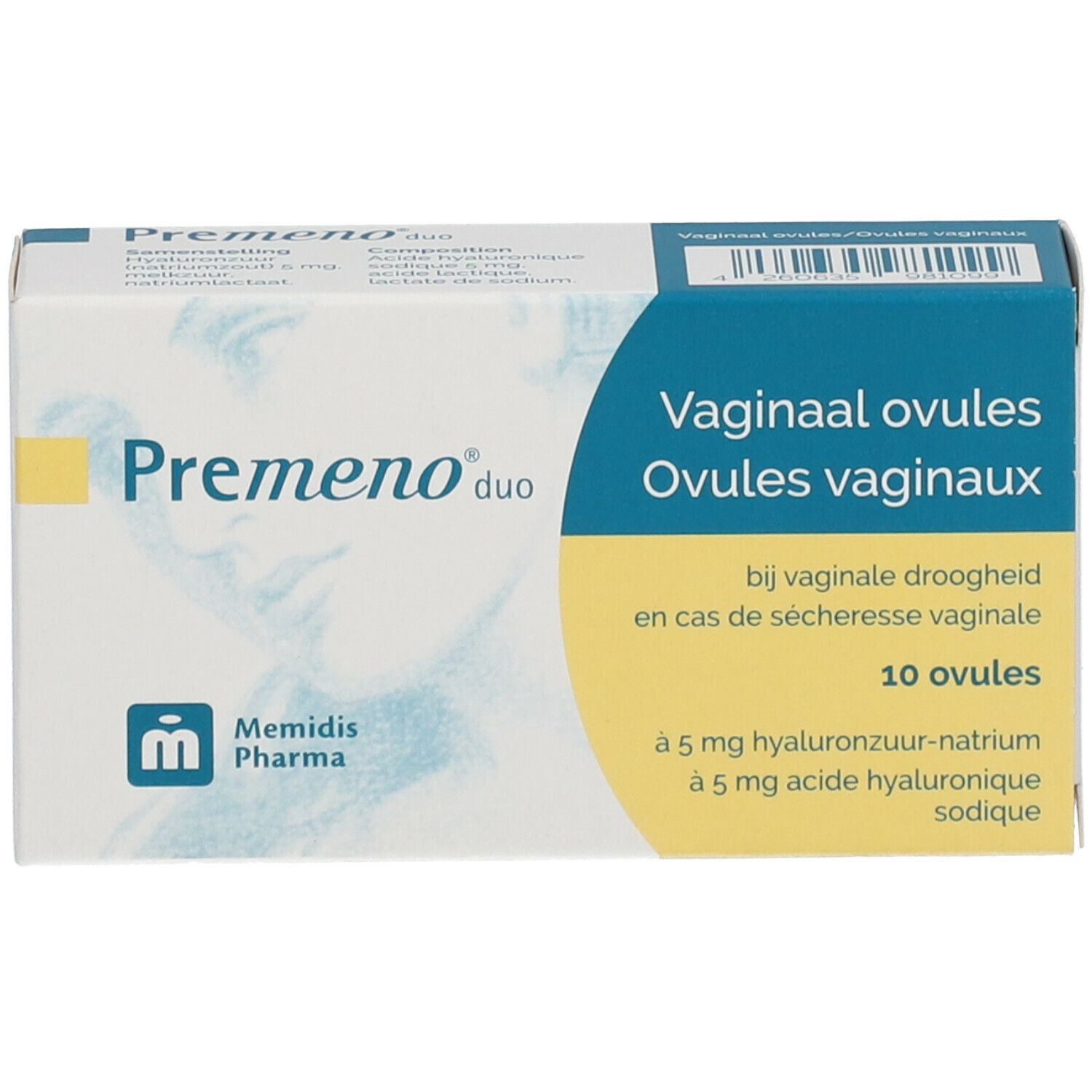 Doosje "Premeno duo" met 10 ovules. Blauw en witte verpakking. Opschrift: vaginale ovules. Bevat hyaluronzuur.