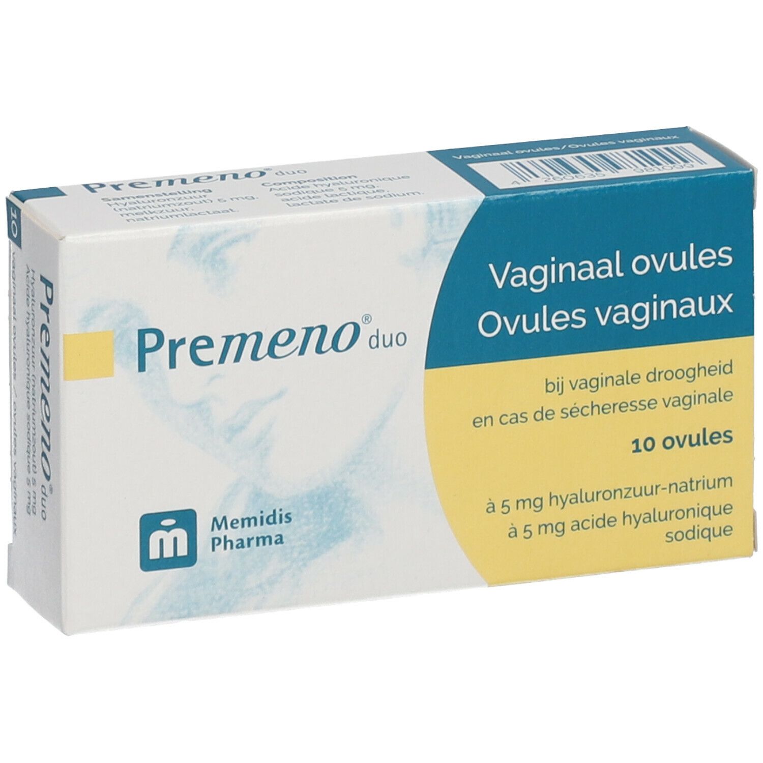 Doosje "Premeno duo" met 10 ovules. Blauw en witte verpakking. Opschrift: vaginale ovules. Bevat hyaluronzuur.