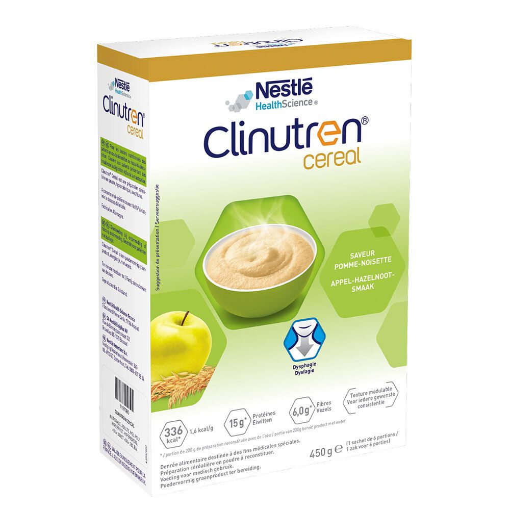 Boîte de Clinutren Cereal, saveur pomme-noisette. Contient un bol de céréales, une pomme et des céréales.