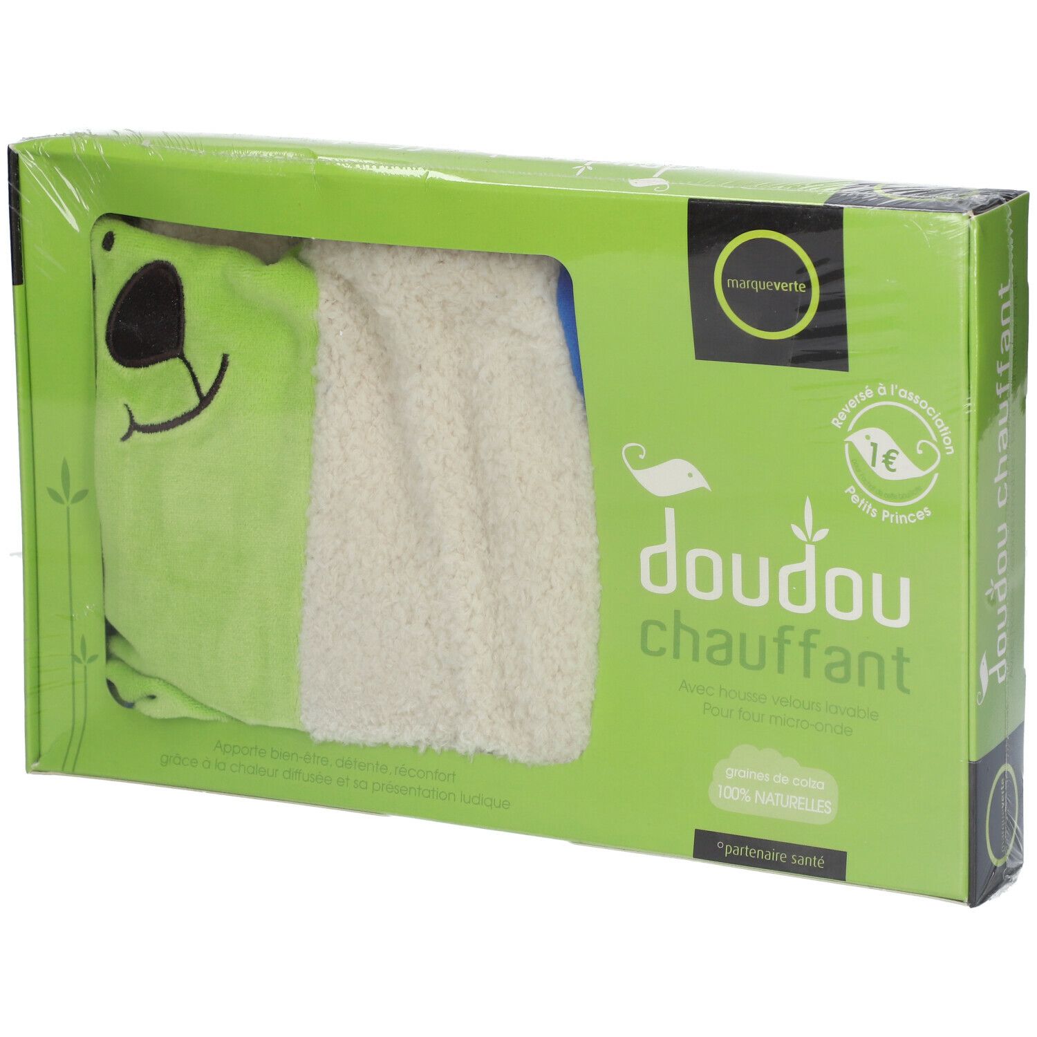Produit vert emballé. Design doudou, intérieur blanc. Texte sur l'emballage: doudou chauffant, marque verte.