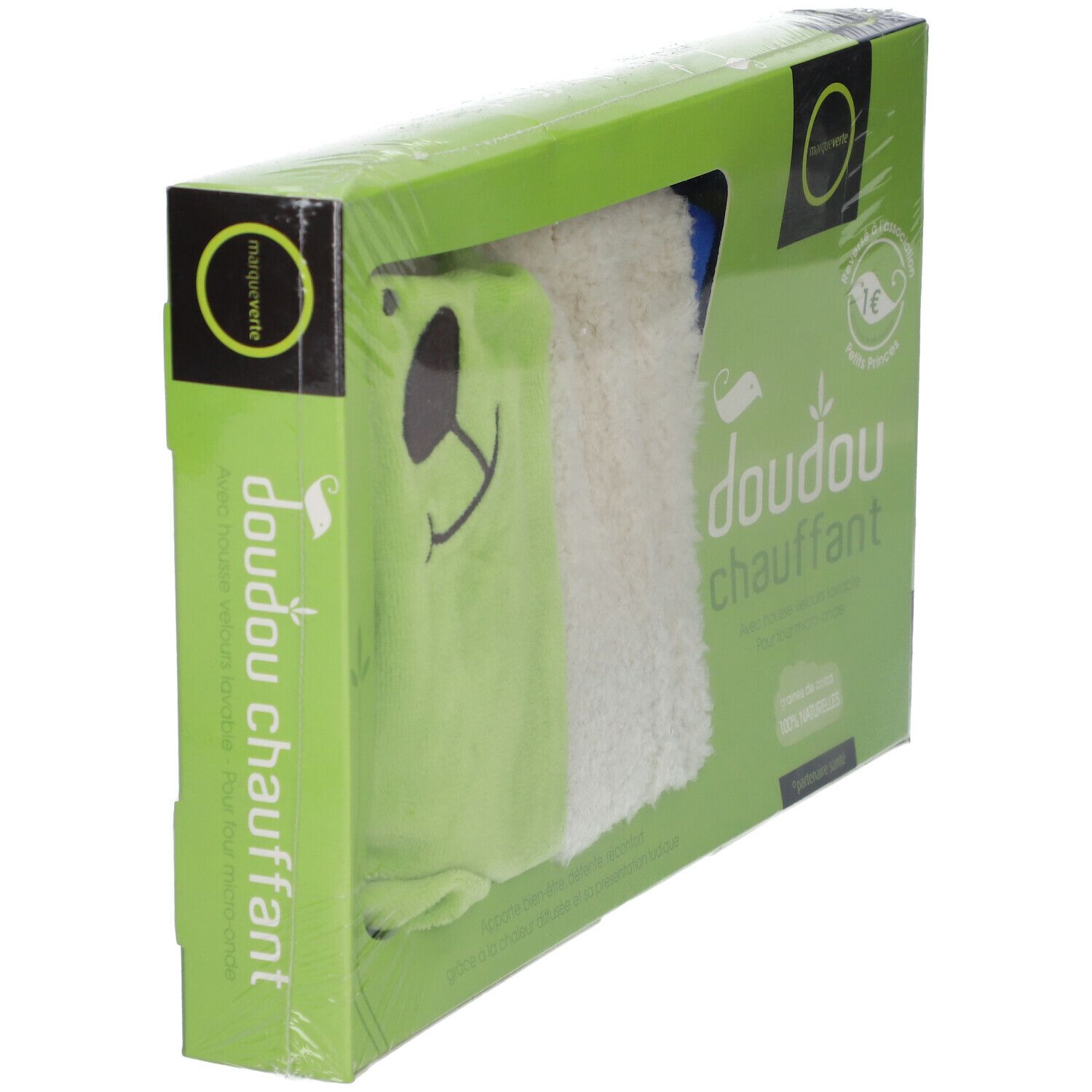 Emballage vert avec produit. Design doudou, intérieur blanc. Texte: doudou chauffant, marque verte. Vue en biais.