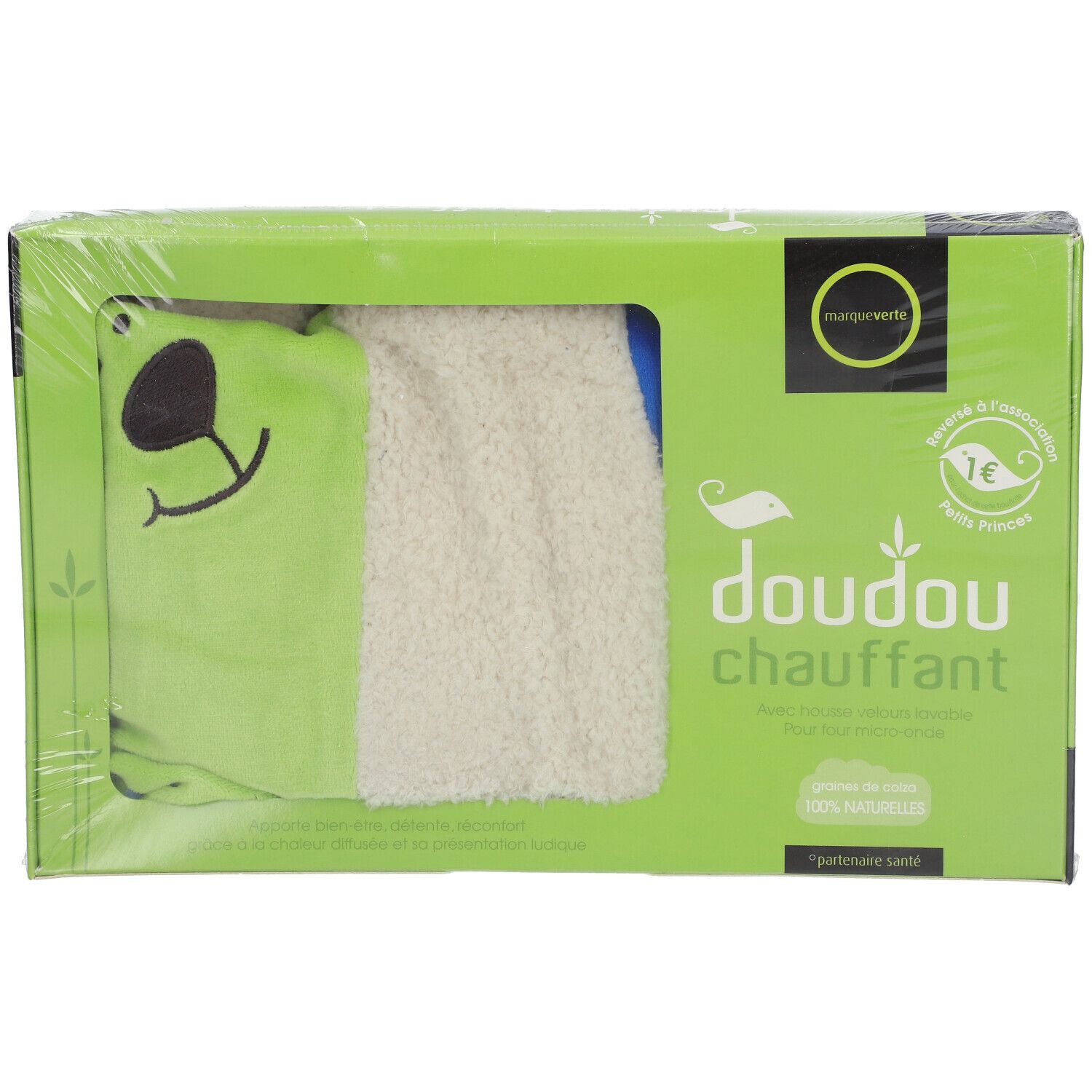 Produit vert emballé. Design doudou, intérieur blanc. Texte sur l'emballage: doudou chauffant, marque verte.