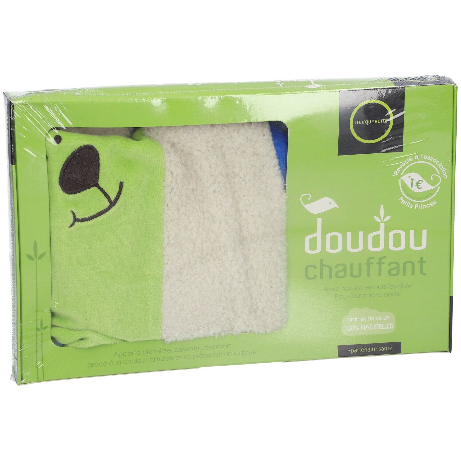 Produit vert emballé. Design doudou, intérieur blanc. Texte sur l'emballage: doudou chauffant, marque verte.