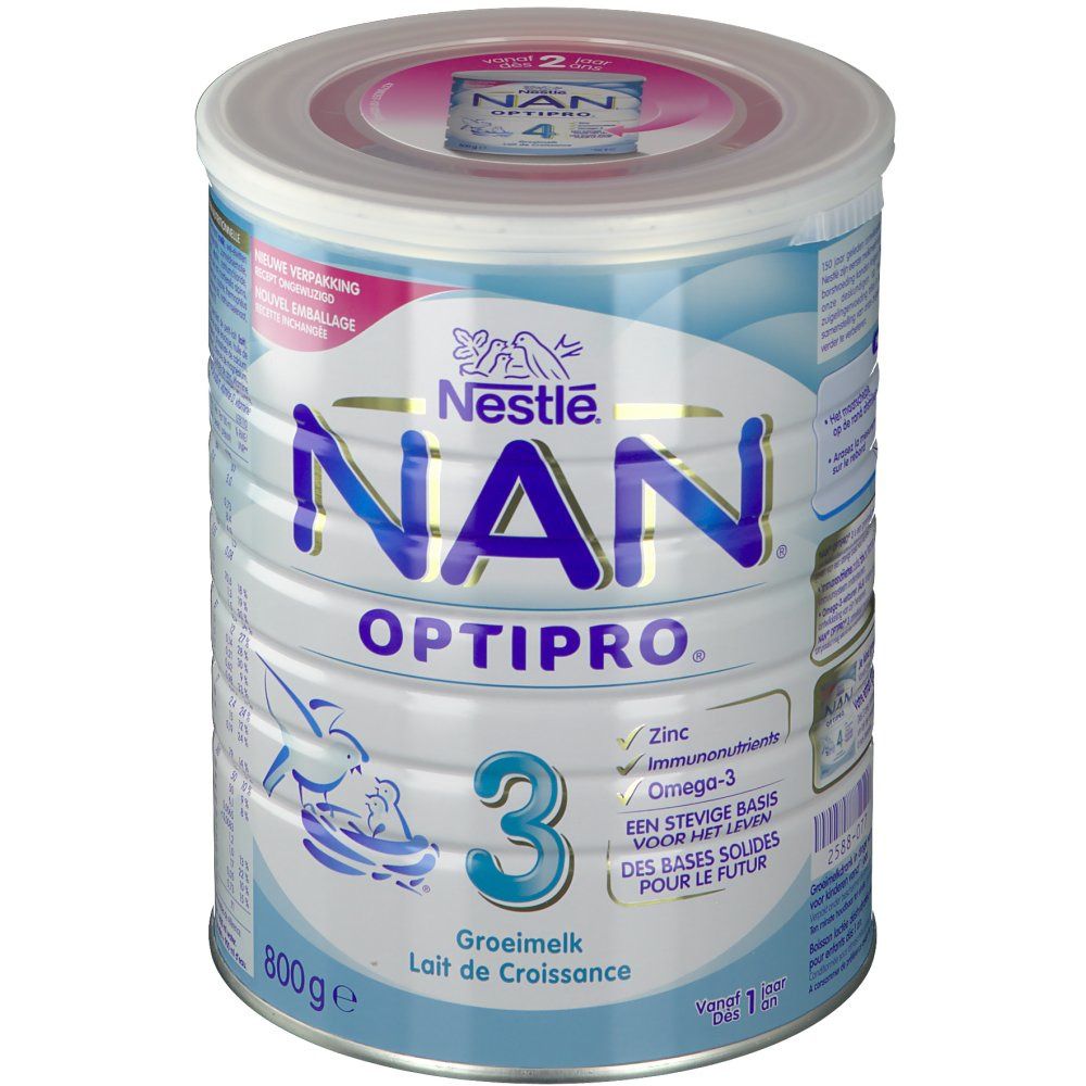Boîte Nestlé NAN OPTIPRO 3. Boîte bleue avec couvercle. Inscription NAN OPTIPRO 3, 800g. Contient zinc, immunonutriments et oméga-3.