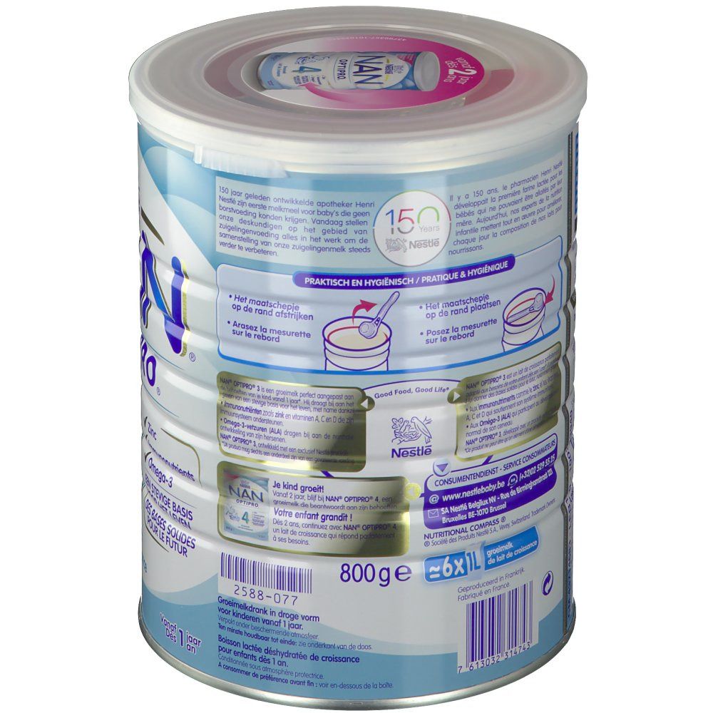 Dos de la boîte Nestlé NAN OPTIPRO 3. Contient des informations de préparation et des informations nutritionnelles. 800g. Avec oméga-3.