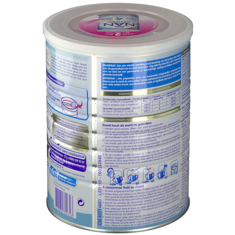 Dos de la boîte Nestlé NAN OPTIPRO 3. Contient des informations de préparation et des informations nutritionnelles. 800g. Avec instructions de préparation.